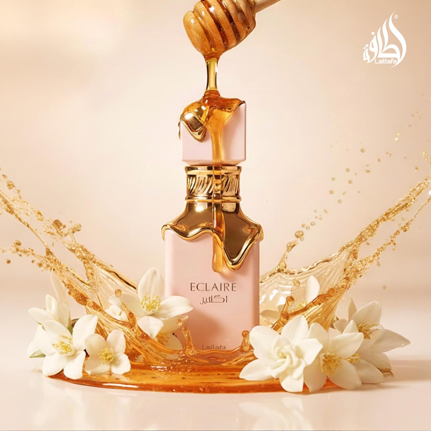 Lattafa Eclaire perfume bottle with vanilla, caramel, floral notes, 3.4 oz long-lasting fragrance for women