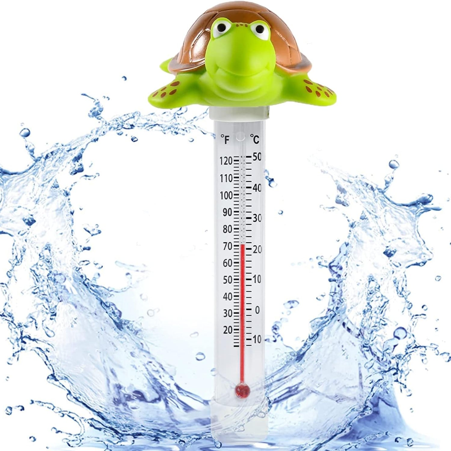 Unipool floating pool thermometer with large display, easy-to-read numbers, shatter-resistant design, and attached string for easy placement