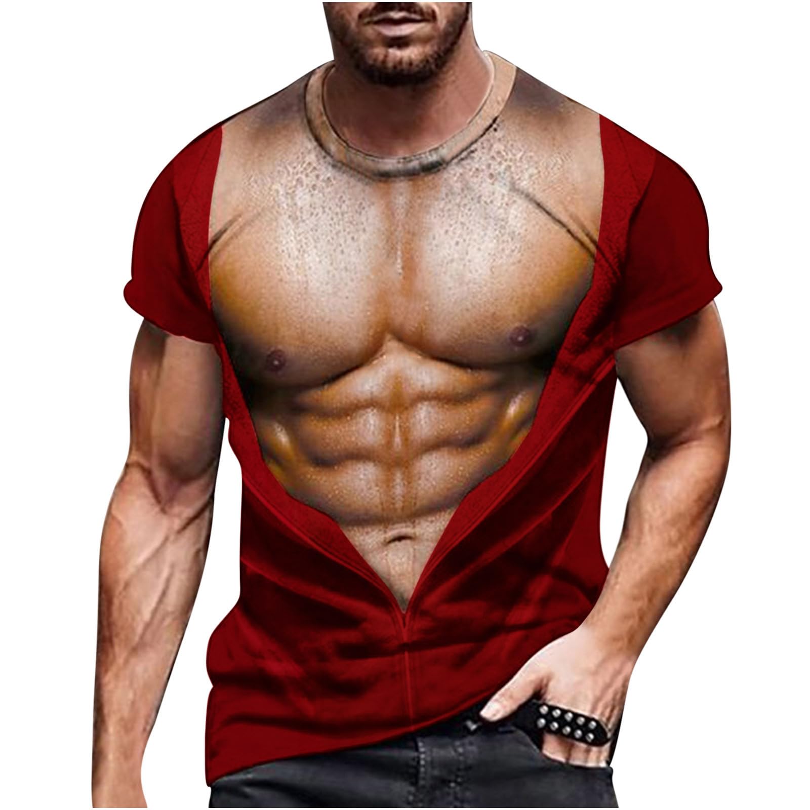 Hairy Chest Shirt for Men Funny T Shirts 3D Print Fake Abs T Shirts Me - View 7
