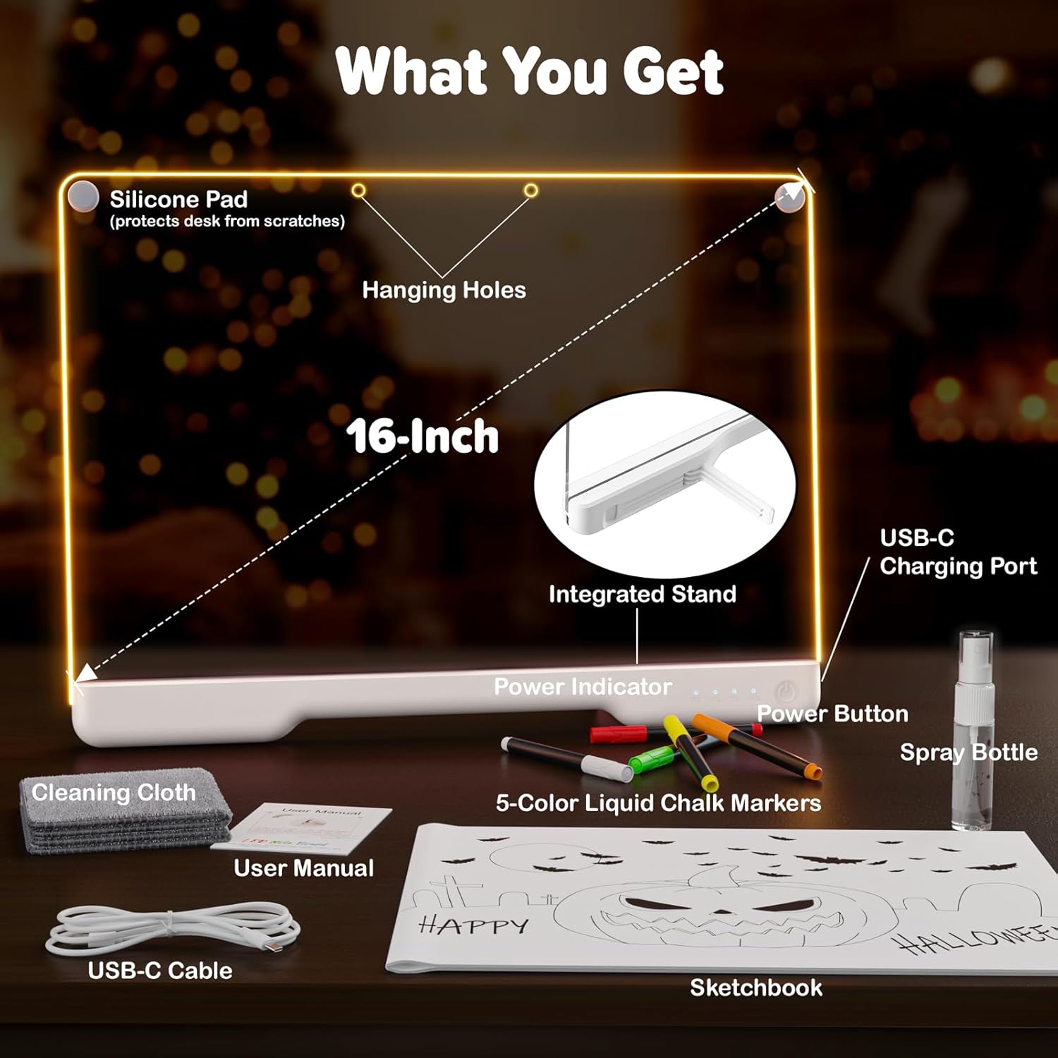 Geokay 16-inch rechargeable doodle glow LED note board with 9-color light modes, suitable for drawing and writing.