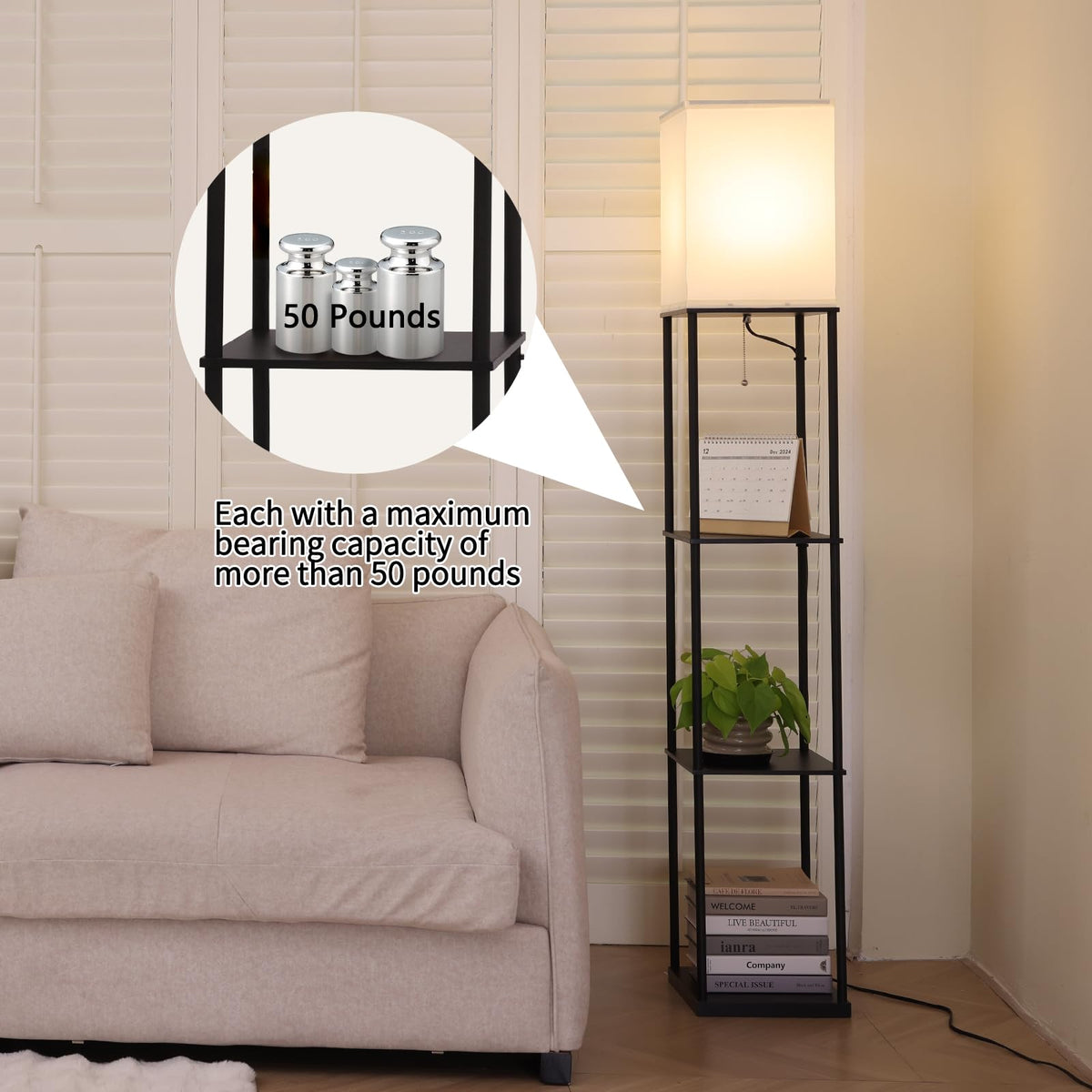 Floor Lamp with Shelves Modern Square Standing Lamp with 3 - Gupuzm Official Imagery - 4