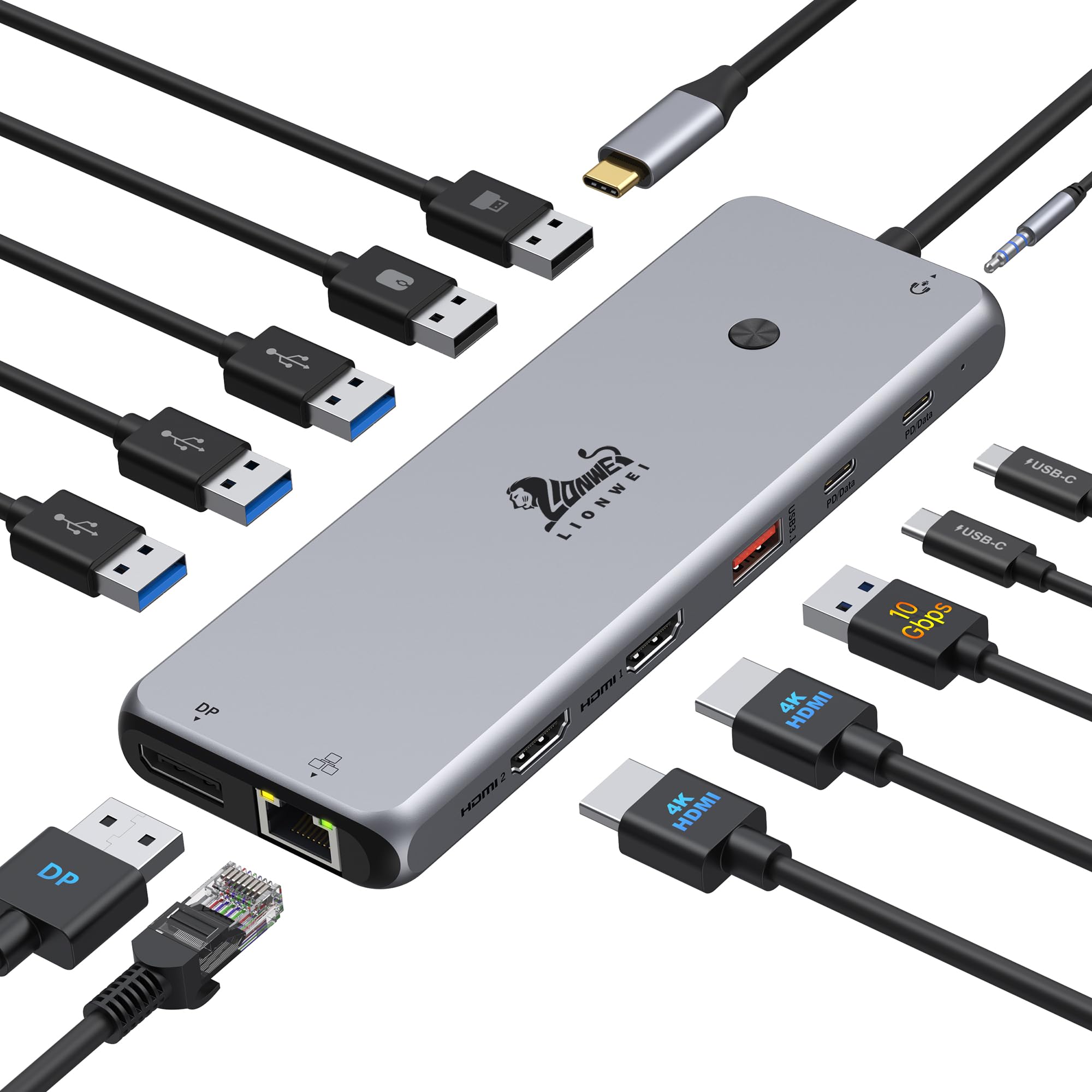 LIONWEI dual monitor 4K HDMI USB C hub with multiple ports for MacBook and laptops, featuring a sleek, compact design.