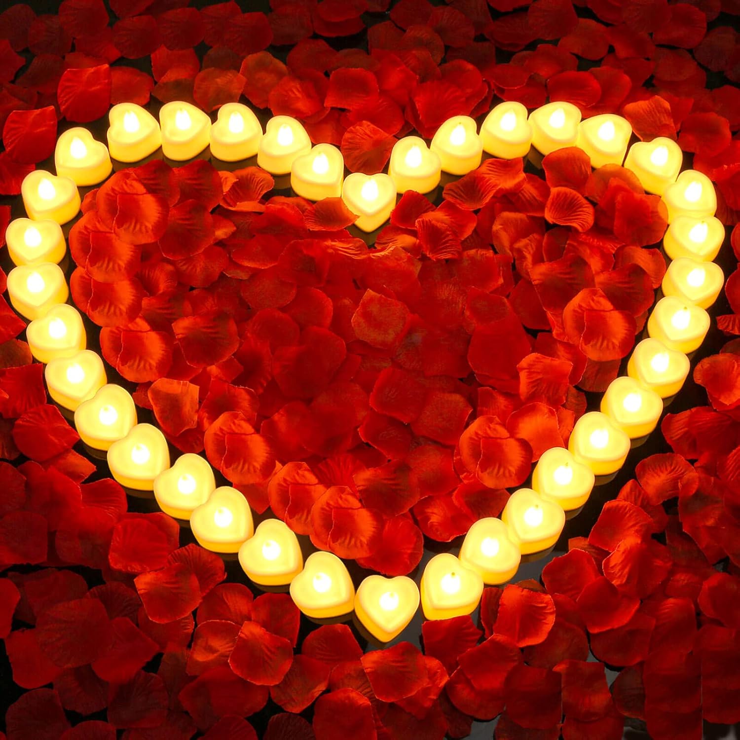 Caffox 3000-piece rose petals with 36 LED tea light candles, perfect for romantic decoration or special occasions.