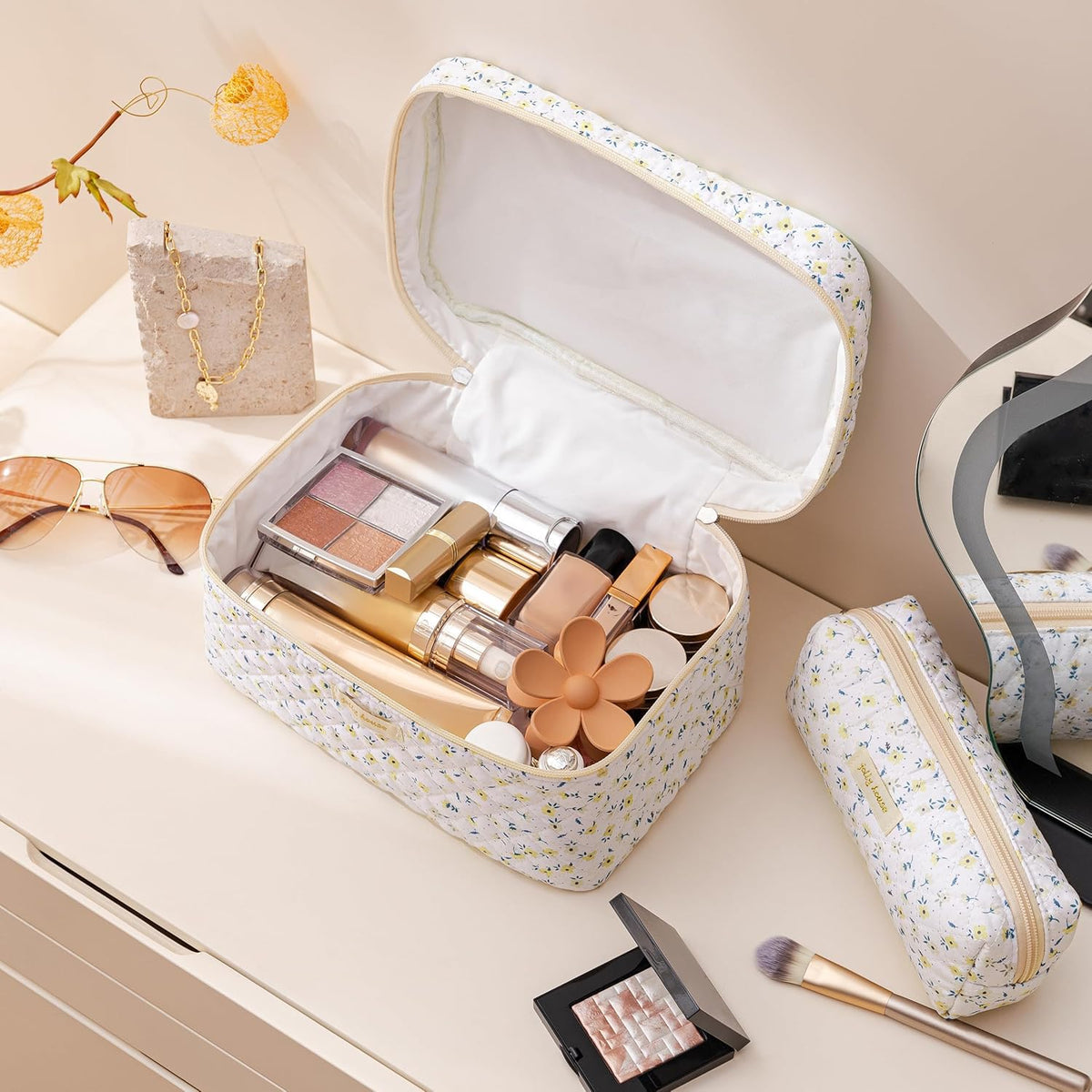 HBselect Quilted Makeup Bag 3Pcs Cotton Large Travel Makeup - HBselect Official Imagery - 3