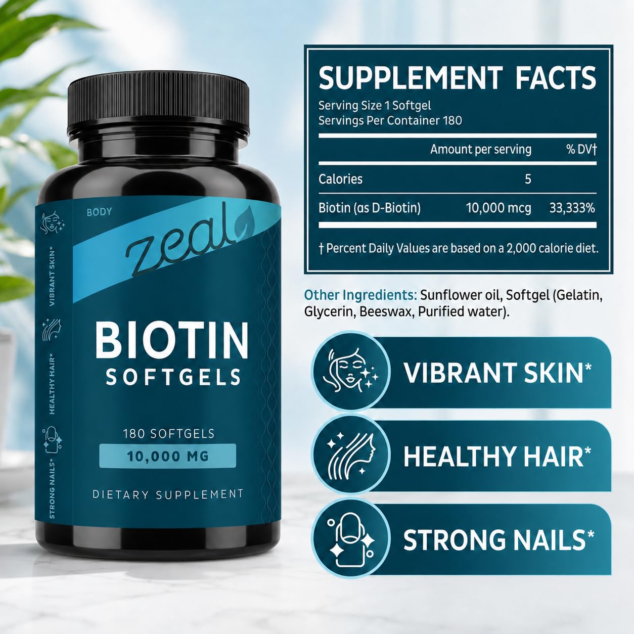 Zeal Biotin 10000mcg Oil Softgels - Zeal Naturals Official Imagery - 3