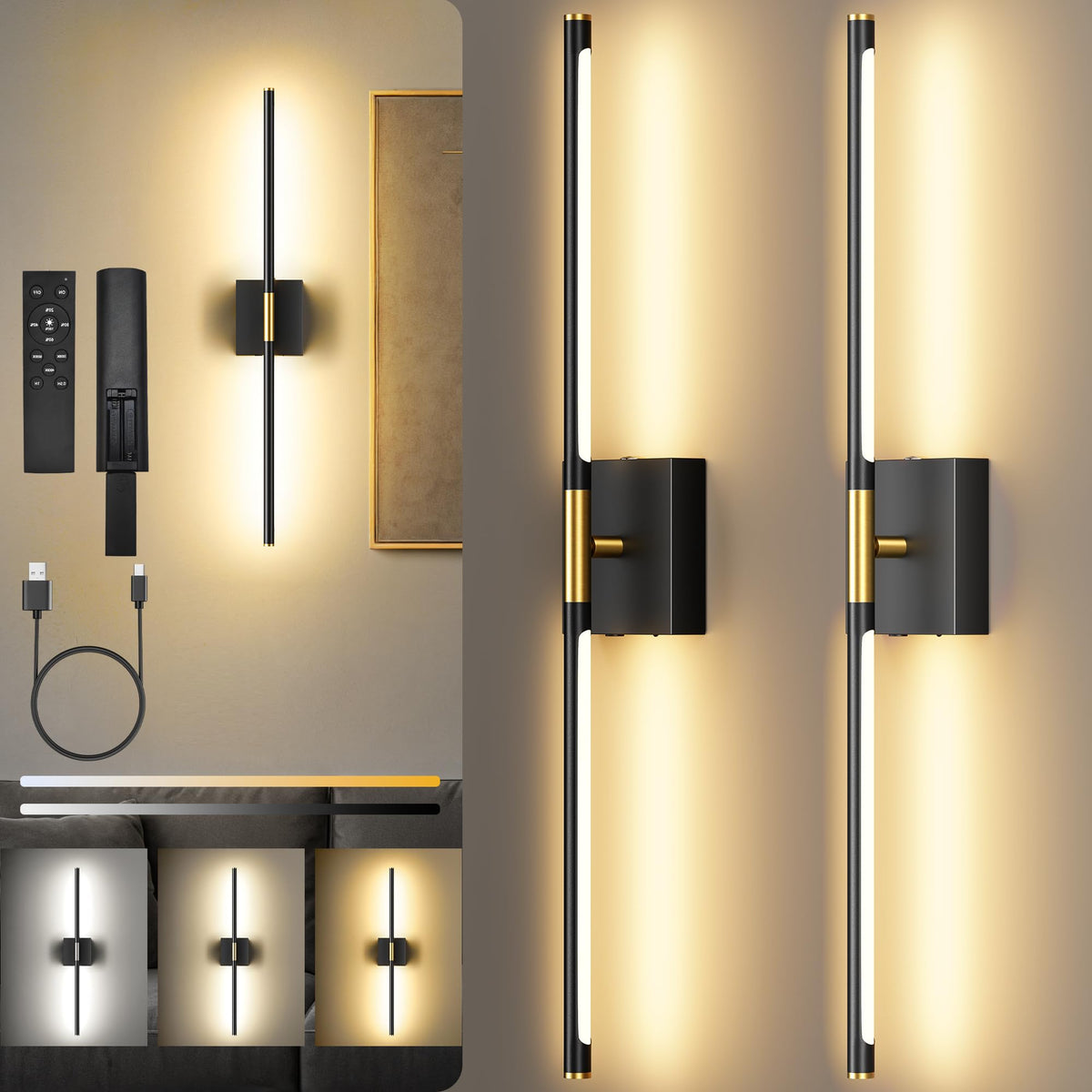 10000mAh Battery Operated Wall Sconces Set of 2 Black Gold - SyncGlow Official Imagery - 1