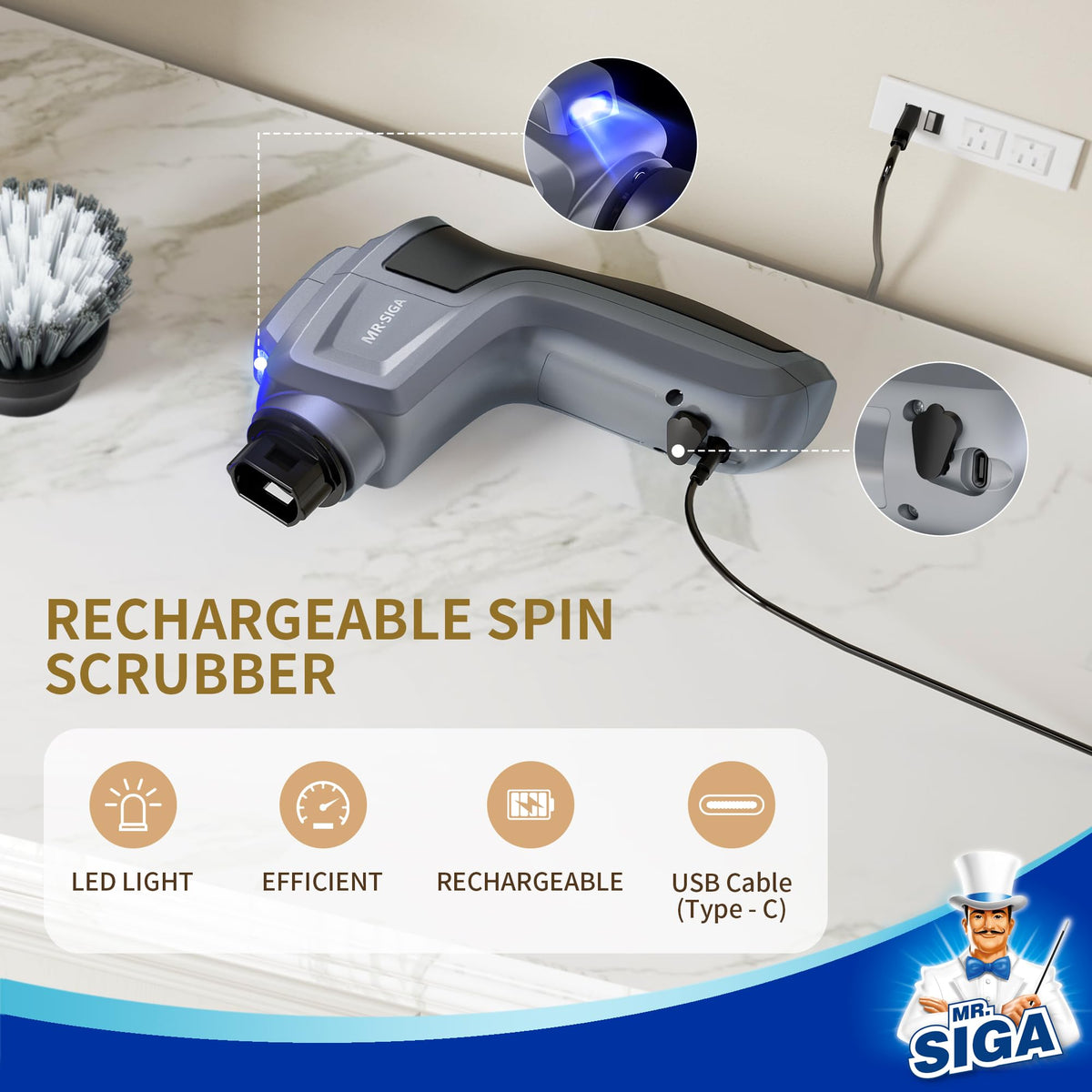 MR SIGA Electric Spin Scrubber for Kitchen and Bathroom - MR.SIGA Official Imagery - 8