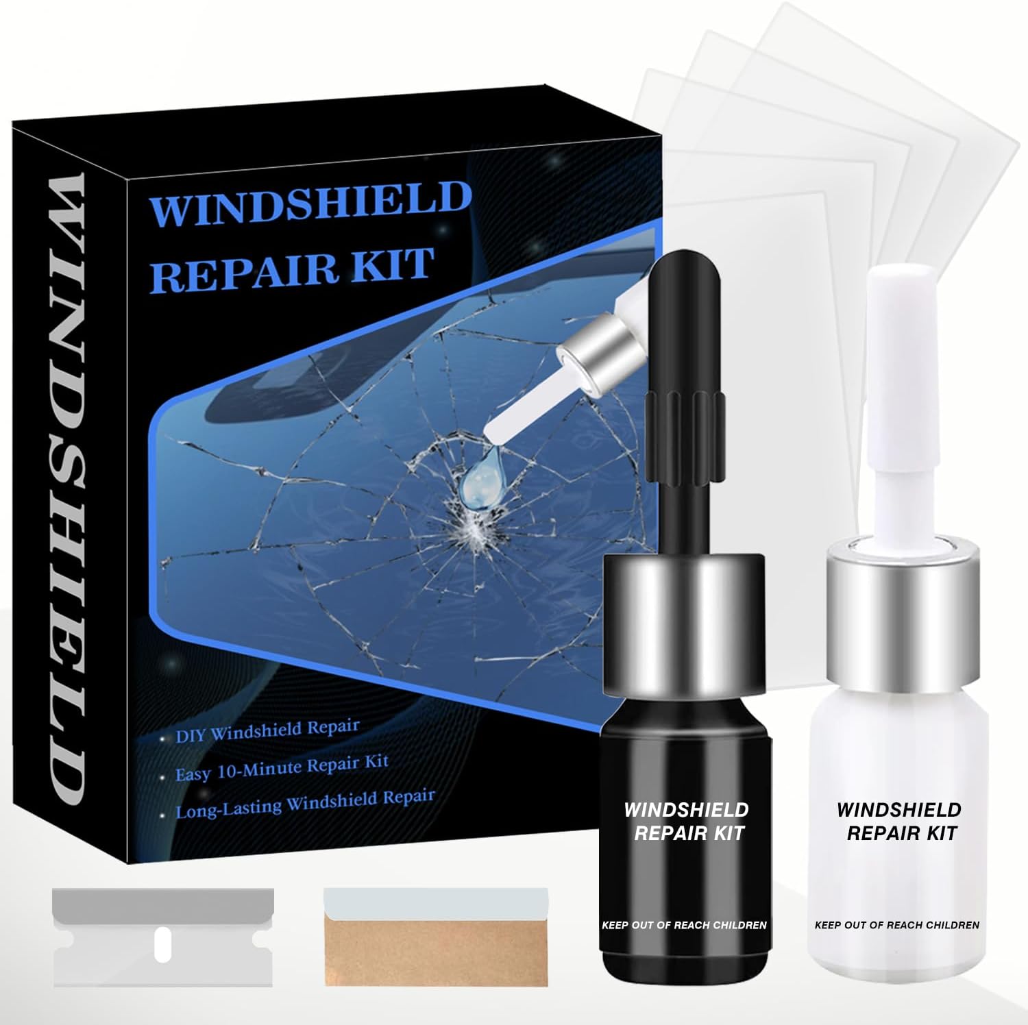 JPOBFT windshield crack repair kit for chips and cracks, includes tools and resin for fixing damaged auto glass.