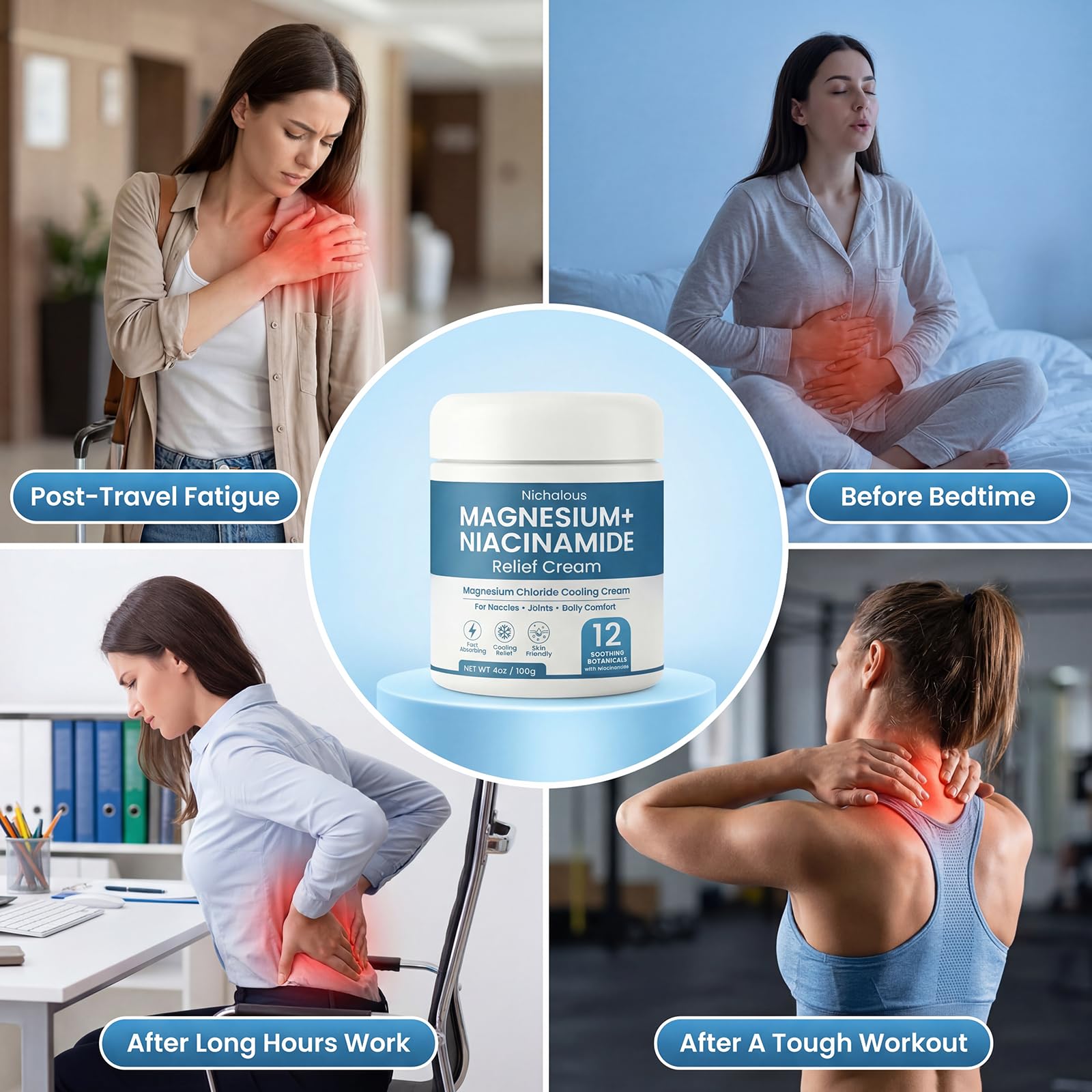 Nichalous Magnesium and Niacinamide Relief Cream in a 4 oz jar, featuring creamy texture and natural ingredients for skin soothing.