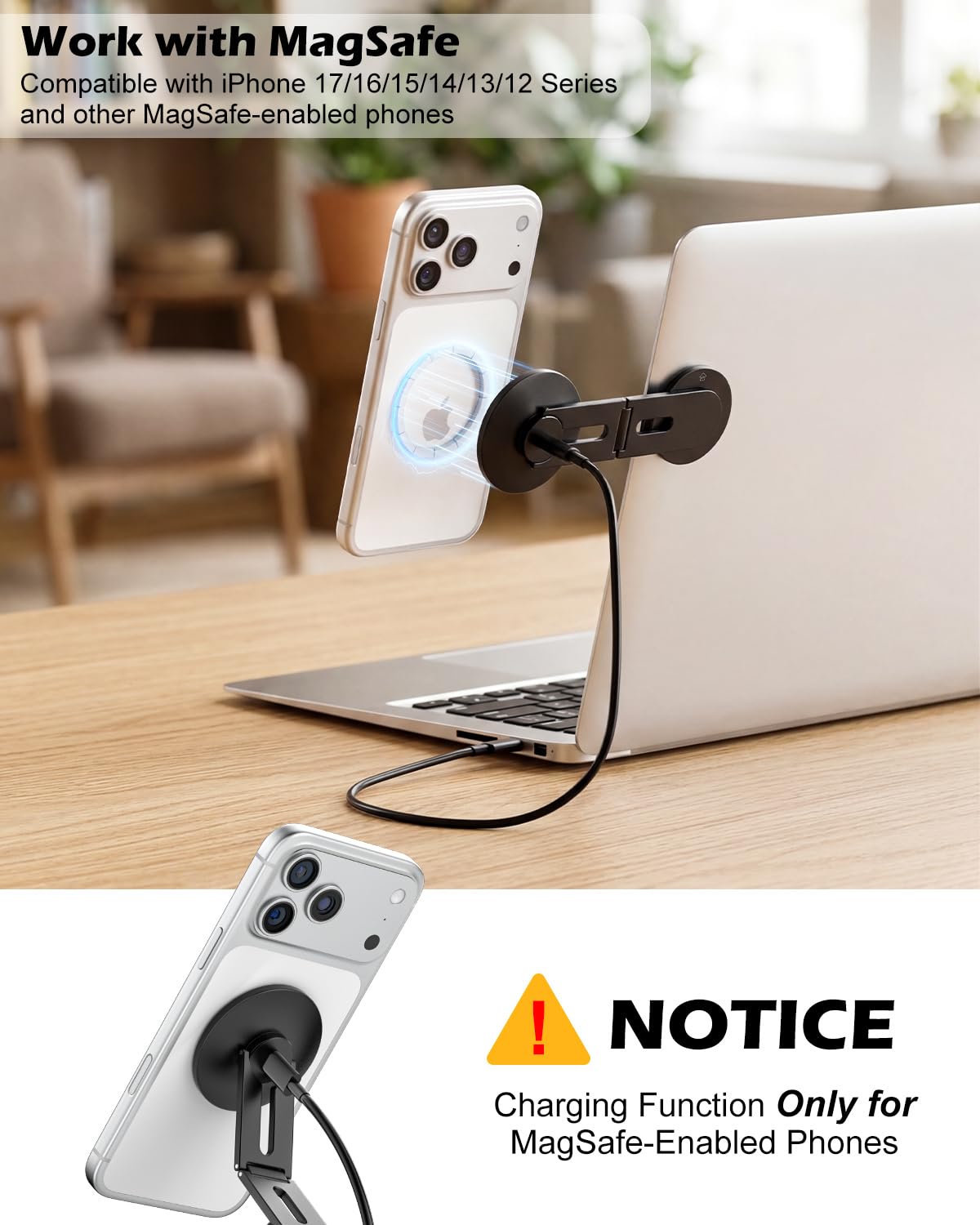15W Wireless Charger Phone Holder for Laptop, Magnetic Phone Mount