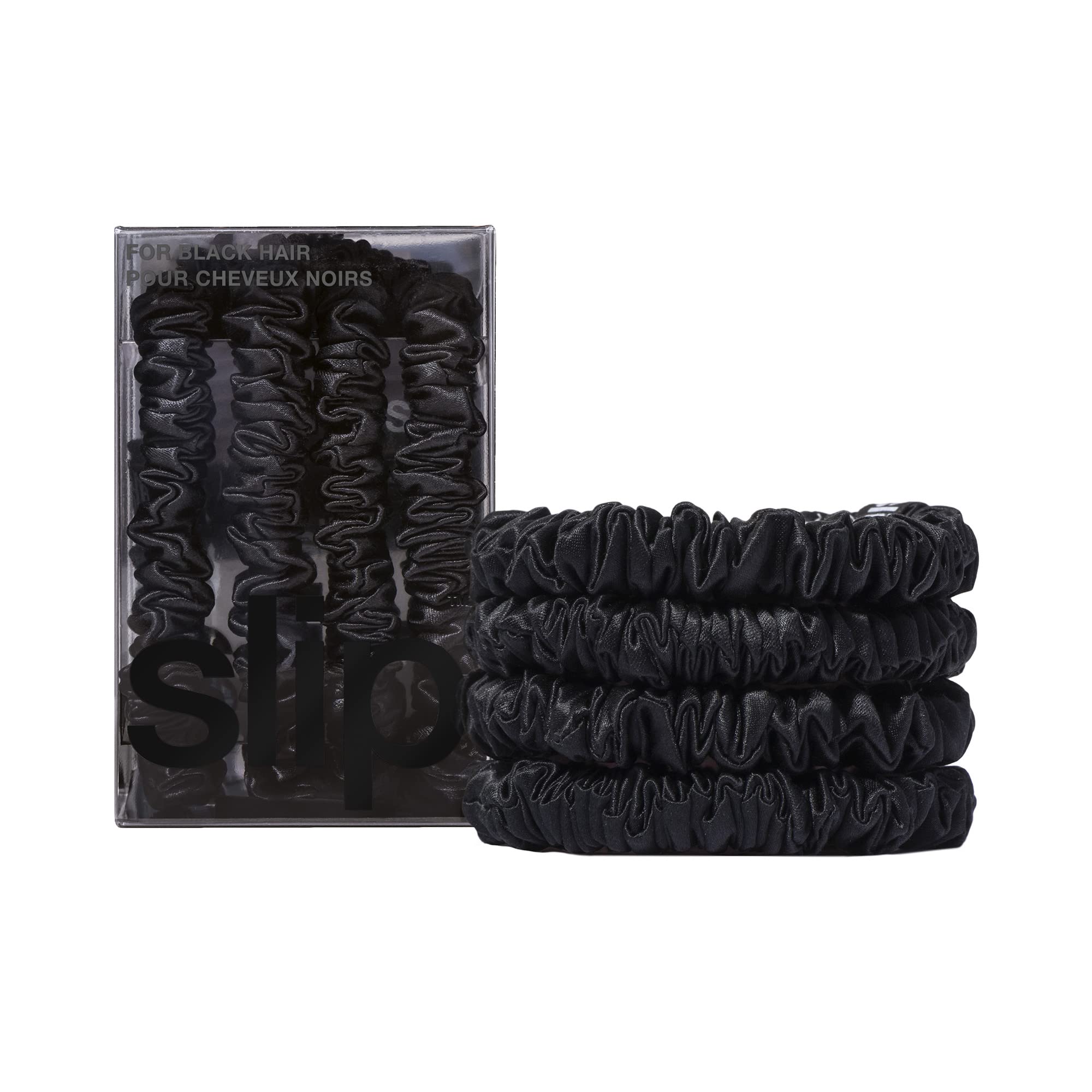 Slip Silk Hair Ties, Black Skinny Scrunchies, Set of 4 | - Product Imagery