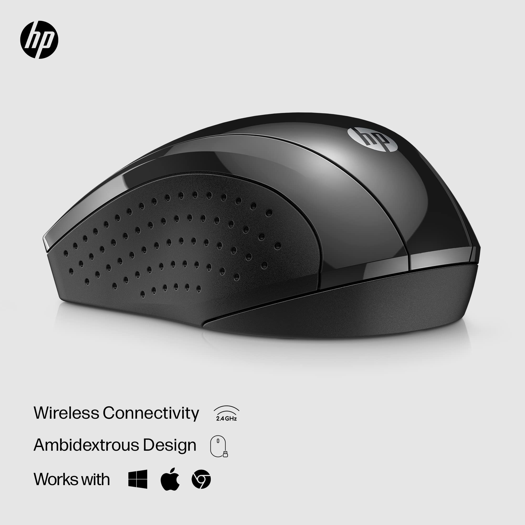 HP X3000 G3 wireless mouse in black with blue LED, 1600 DPI optical sensor, side grips, travel-friendly design, compatible with PC, Mac, Chromebook.