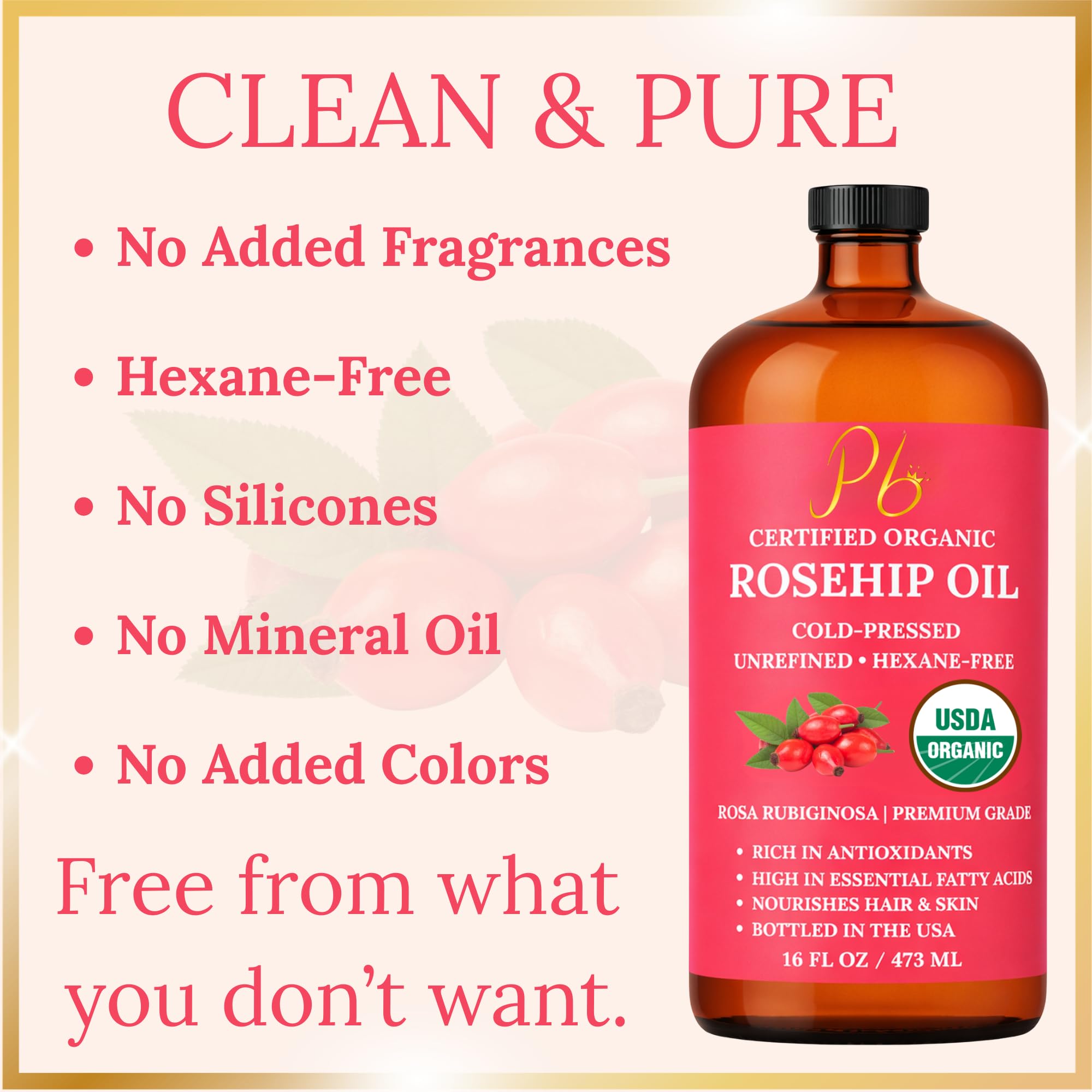 Pomberries Rosehip Oil, 16 fl oz Amber Glass Bottle, Rosehip Oil for Face, Skin - Pomberries Official Product View 6