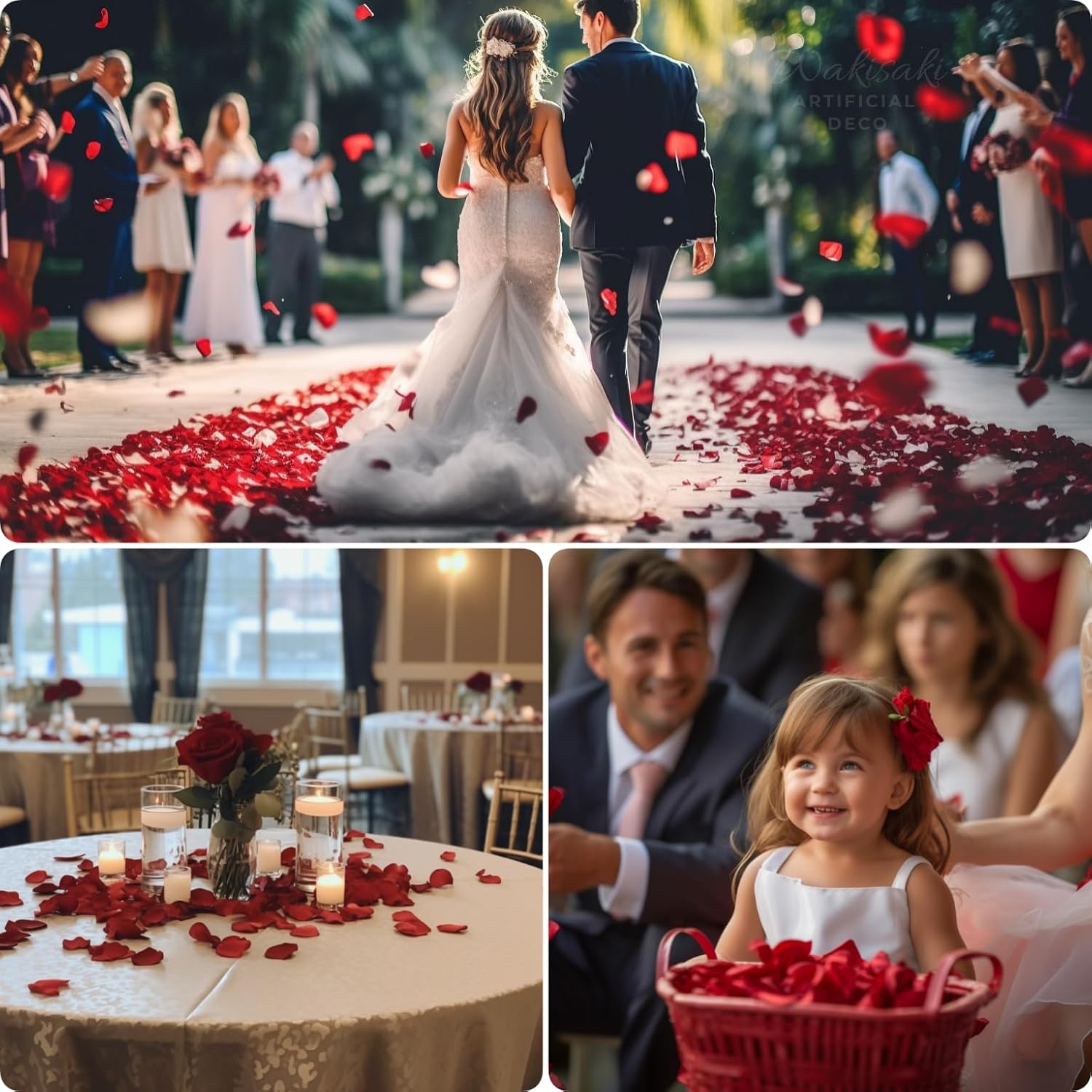 Pre-separated scented silk rose petals for wedding decor, by WAKISAKI, shown in natural pink and cream colors on a white background.
