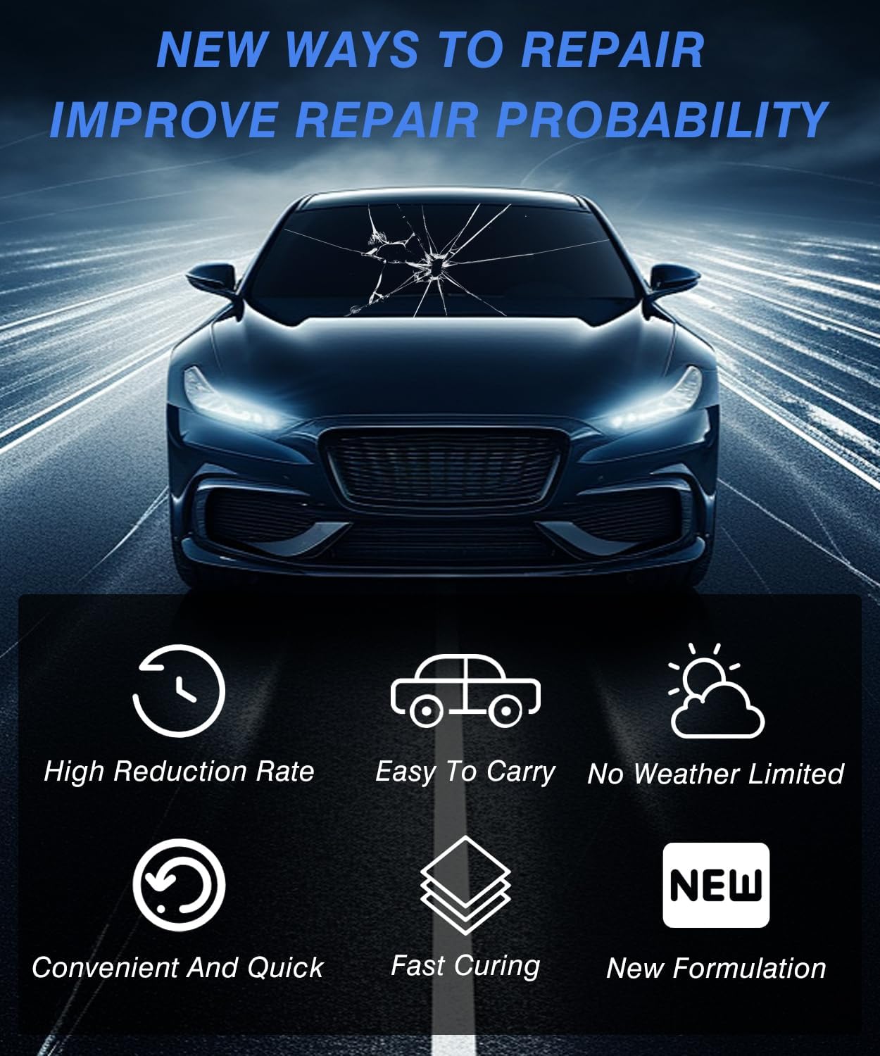 JPOBFT windshield crack repair kit for chips and cracks, including tools and resin for DIY auto glass repair.