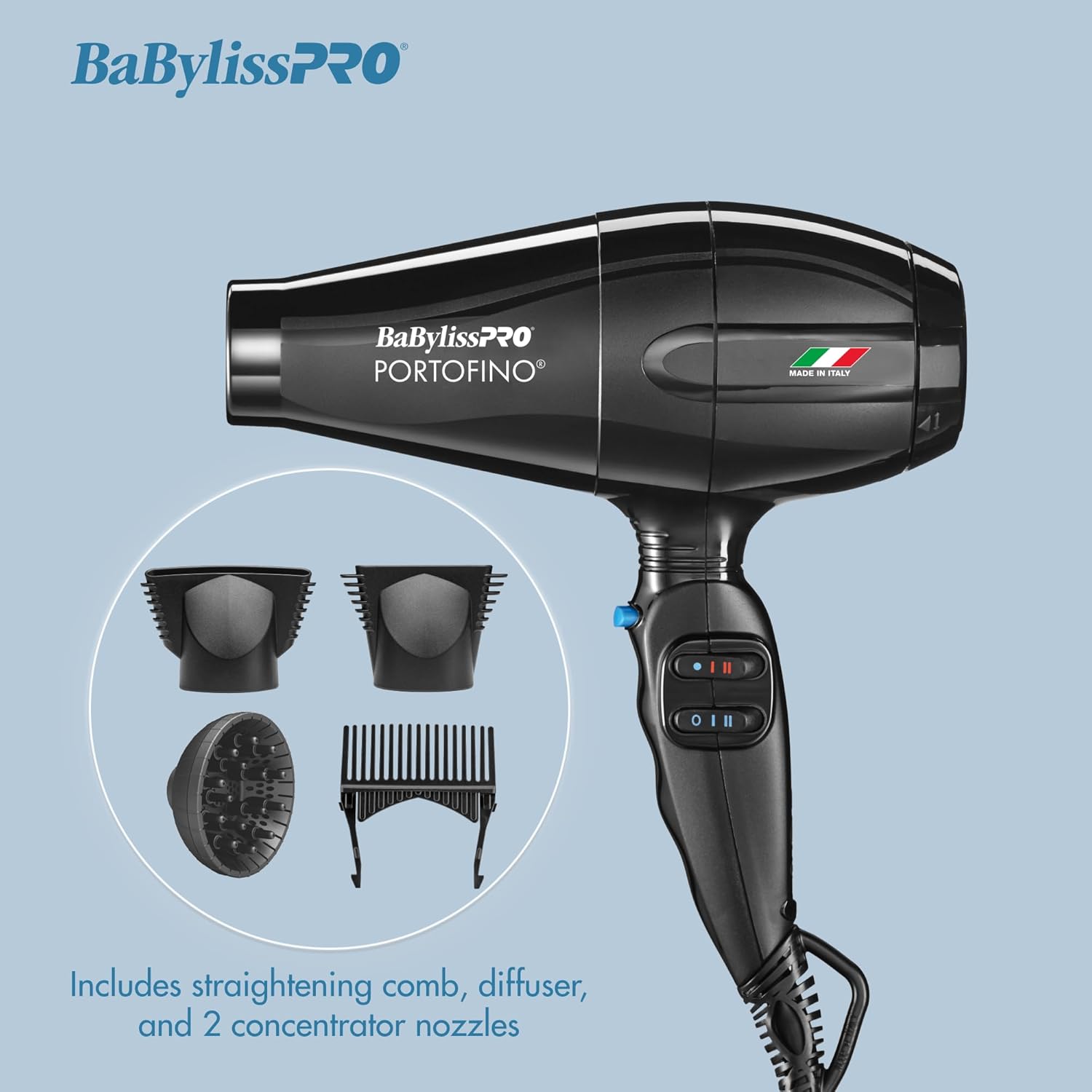 BaBylissPRO Nano Titanium Italian Portofino professional hair dryer with 2000 watt power, black and silver design, and ergonomic handle