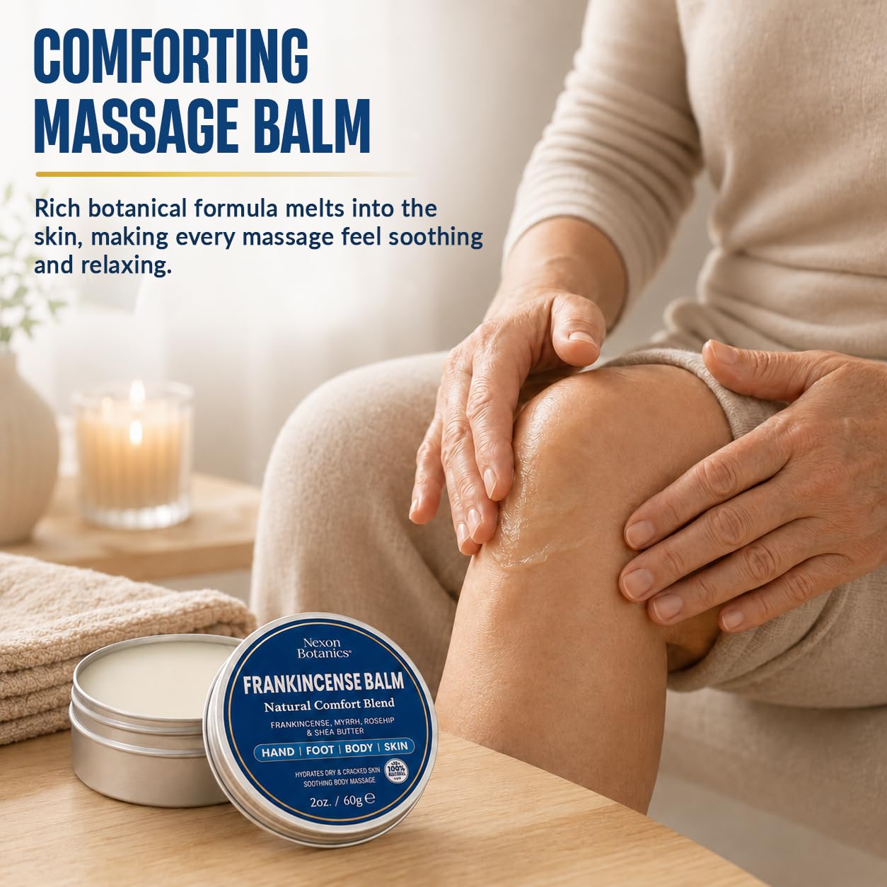 Nexon Botanics Frankincense and Myrrh skin moisturizer balm in a 2 fl oz jar, with botanical ingredients and a natural herbal appearance.