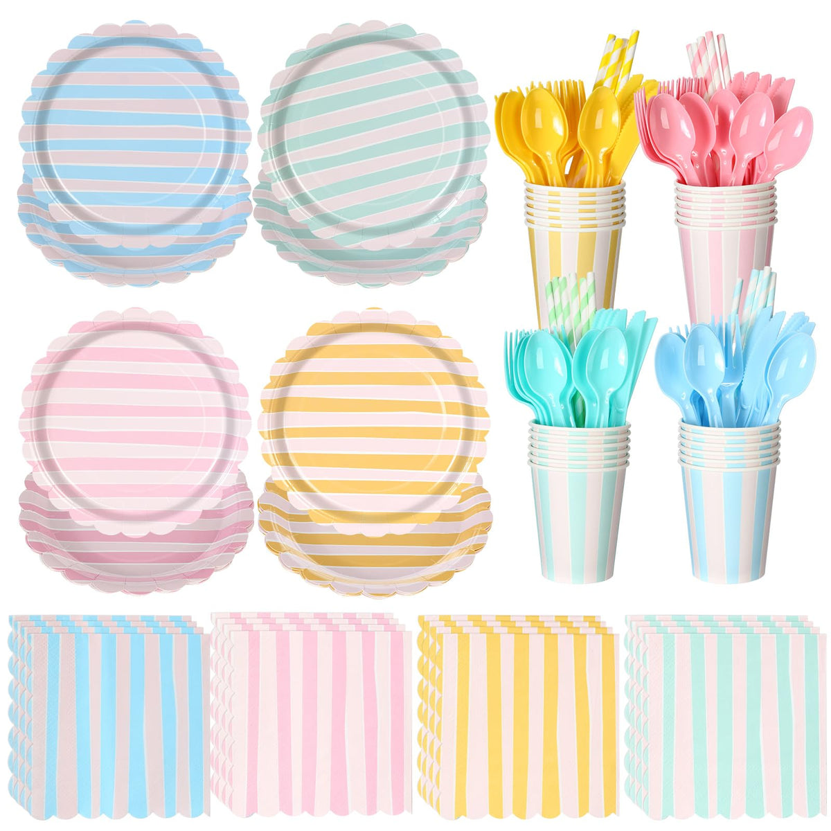 Potchen 220 Pcs Pastel Stripe Plate Party Decor Supplies for - Potchen Official Imagery - 1