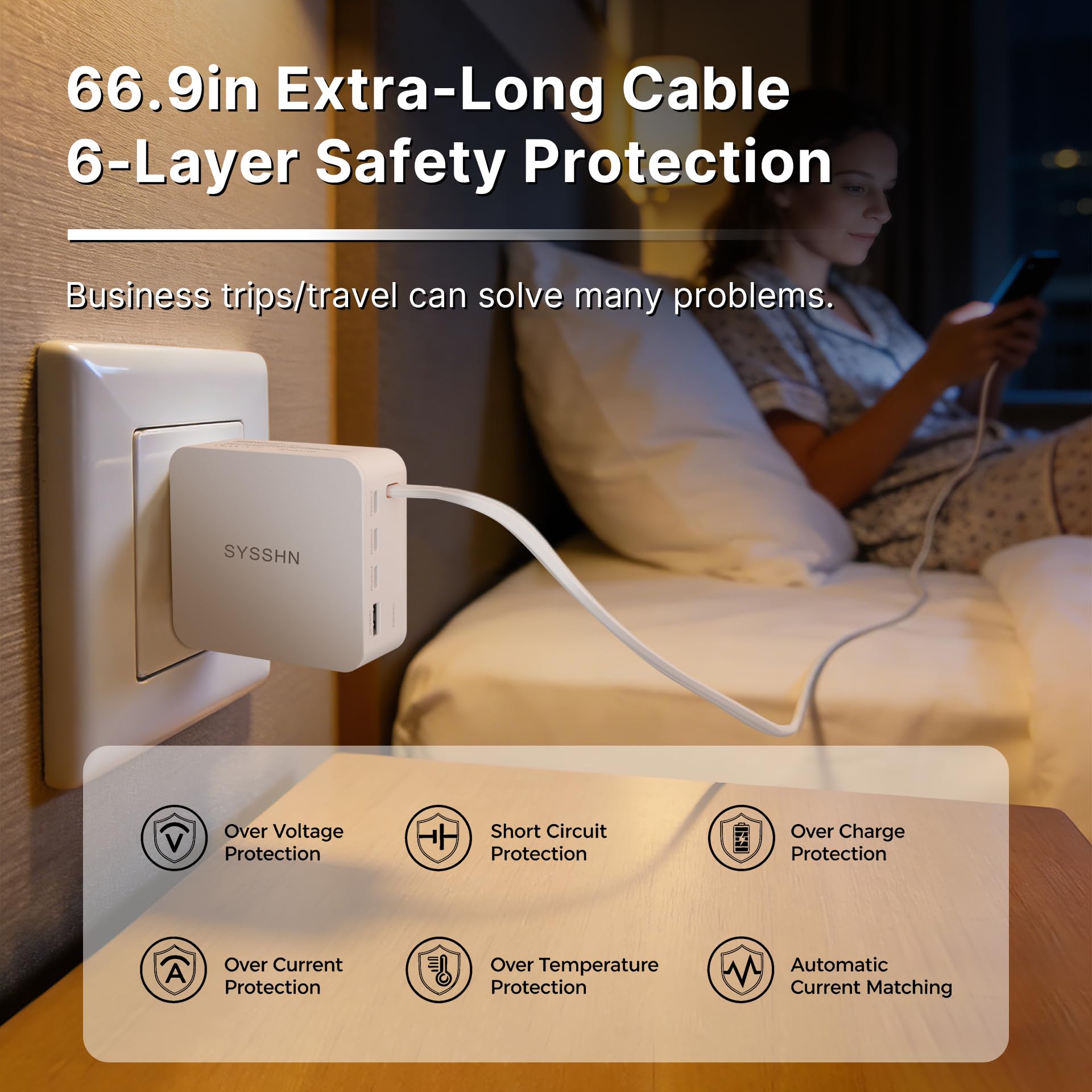 SYSSHN 65W GaN6 retractable wall charger with 66.9-inch USB-C cable, foldable plug, compatible with MacBook, iPhone, Samsung, and more.