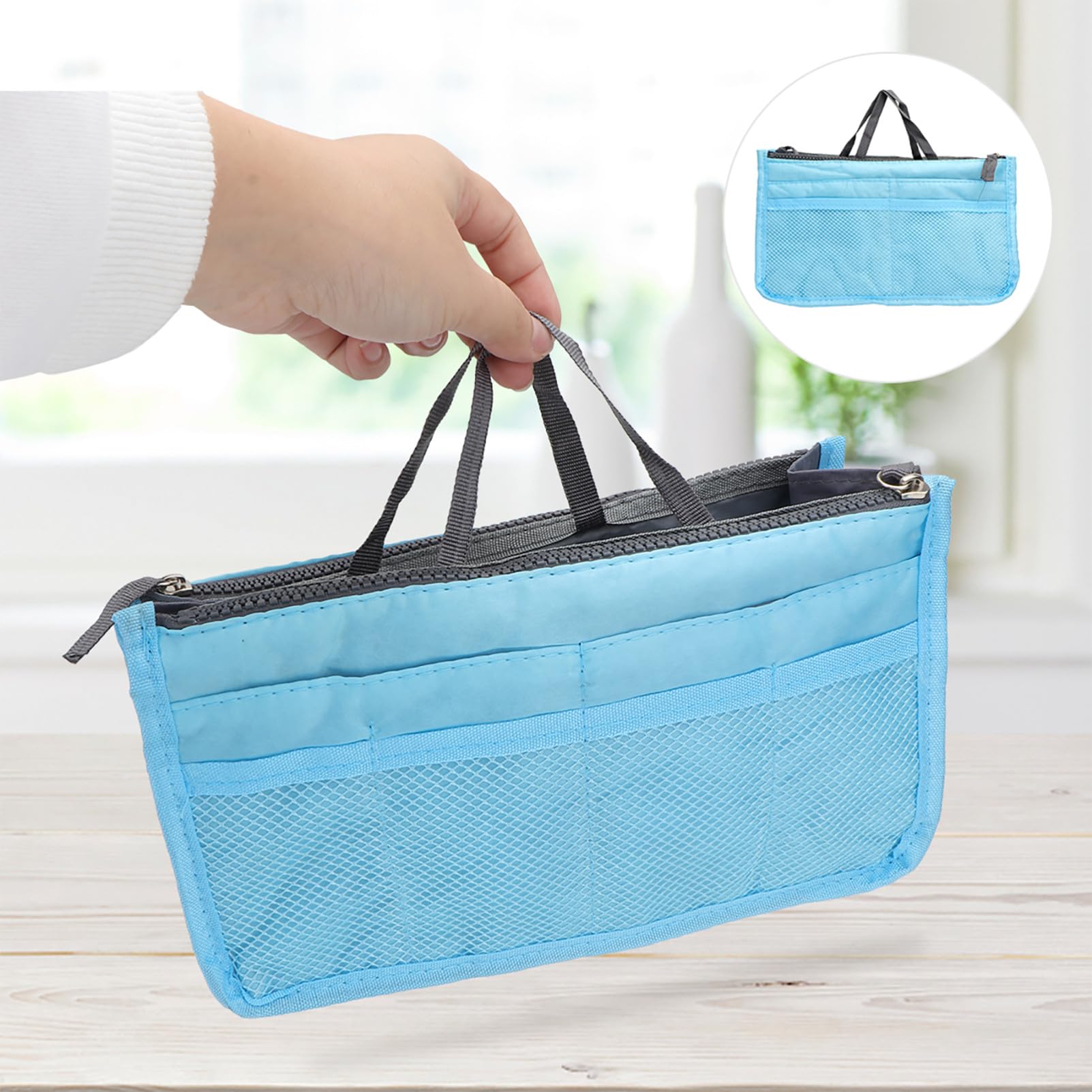 FRCOLOR 3-piece portable cosmetic case with double zippers, foldable design, multiple pockets, and lightweight for toiletries and travel.