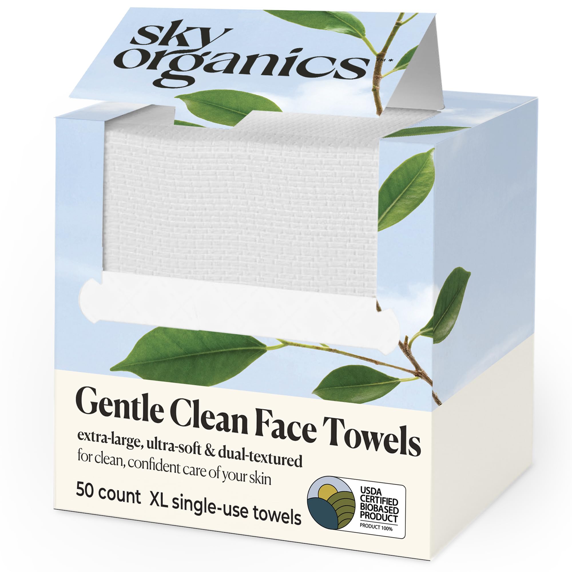 Sky Organics Gentle Clean Face Towels 50ct XL, Single-Use Face - Product Imagery