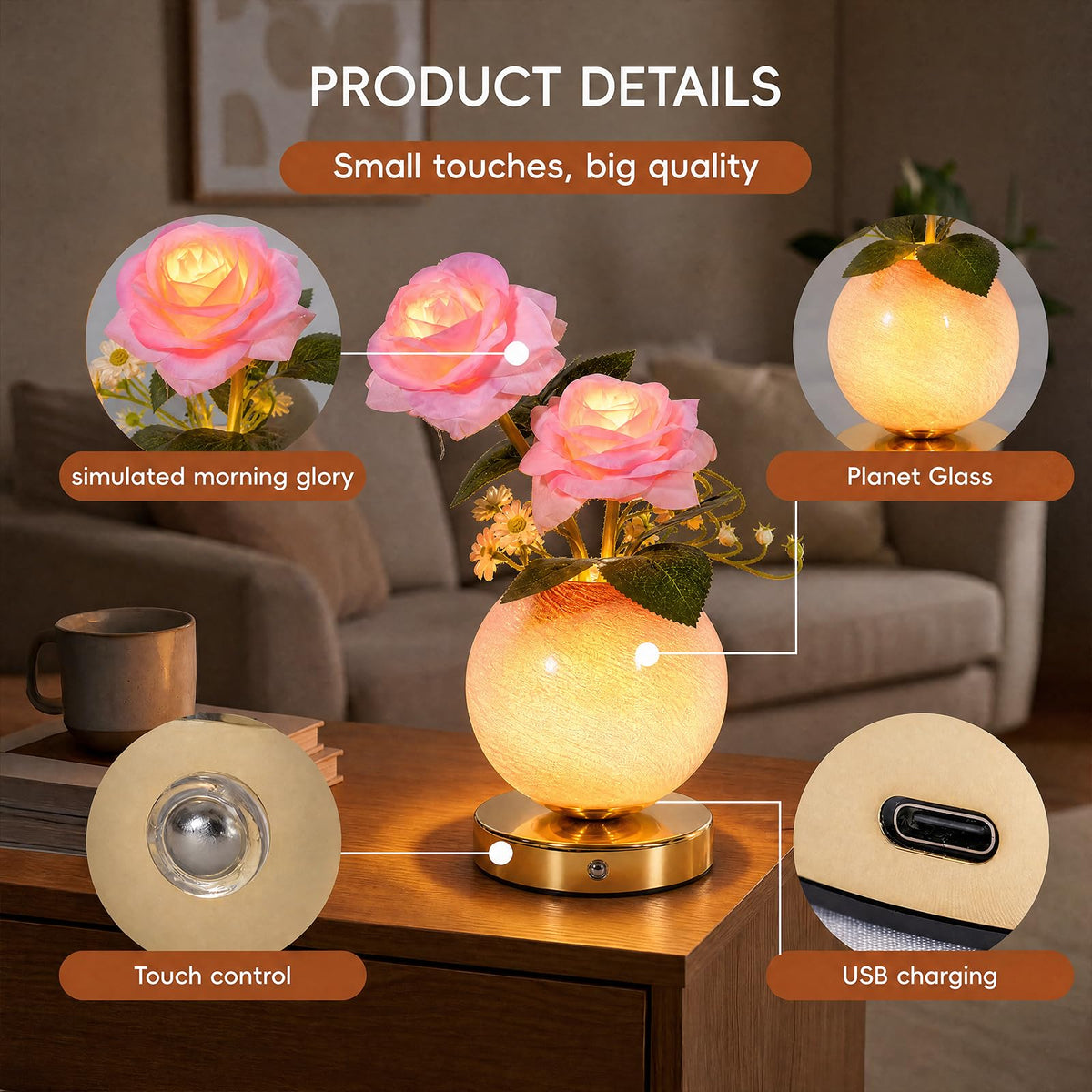 Rose Lamp Rechargeable Wireless Touch Control Dimmable Faux - SXDLED Official Imagery - 6