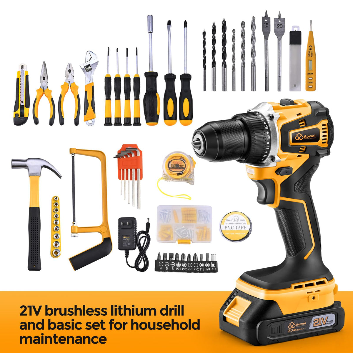 Yellow 21V Cordless Drill Brushless Motor Tool Kit Set - AOWEI Official Imagery - 7