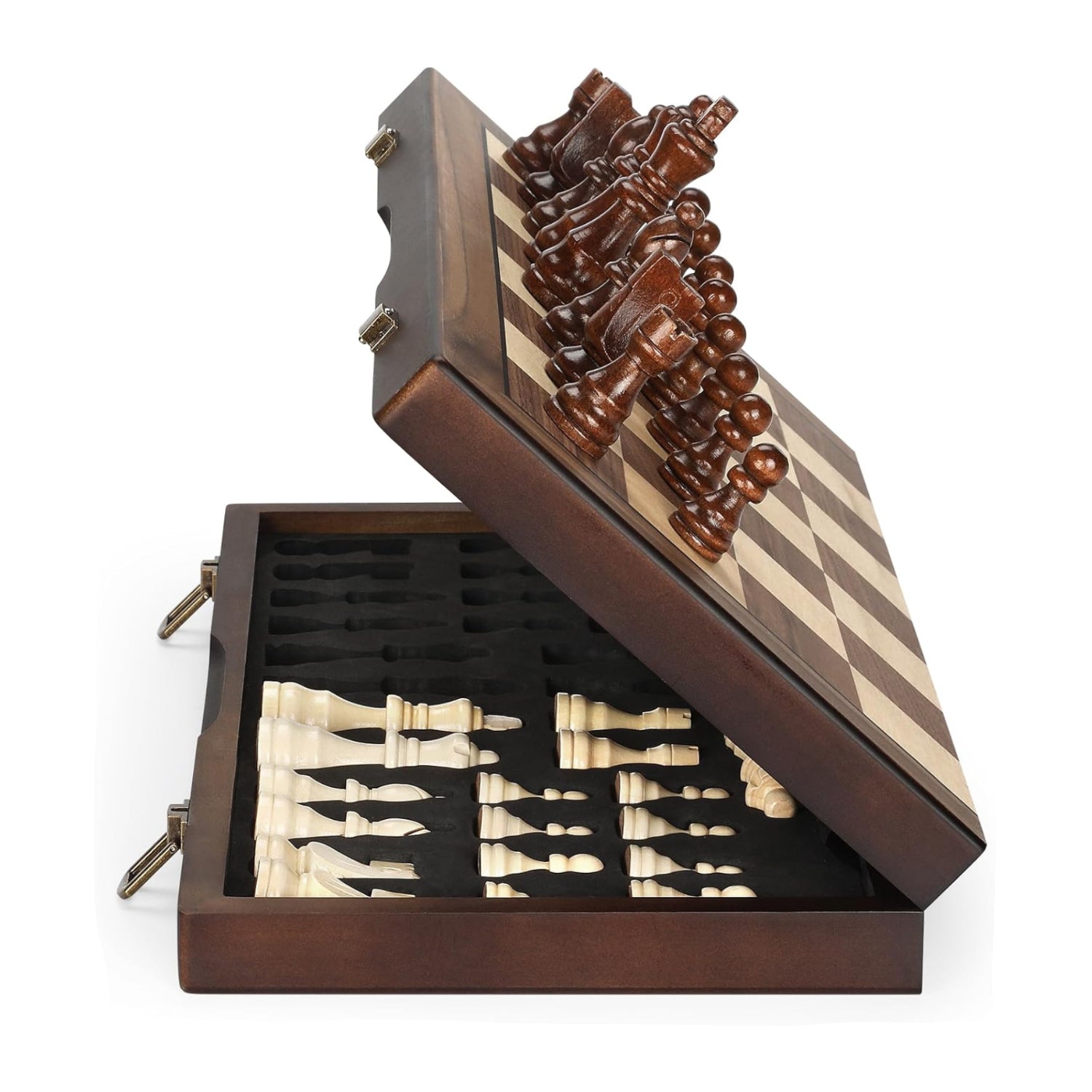 Magnetic wooden chess set with handmade pieces on a 15-inch chessboard, designed for adults and kids by Hurdaos.