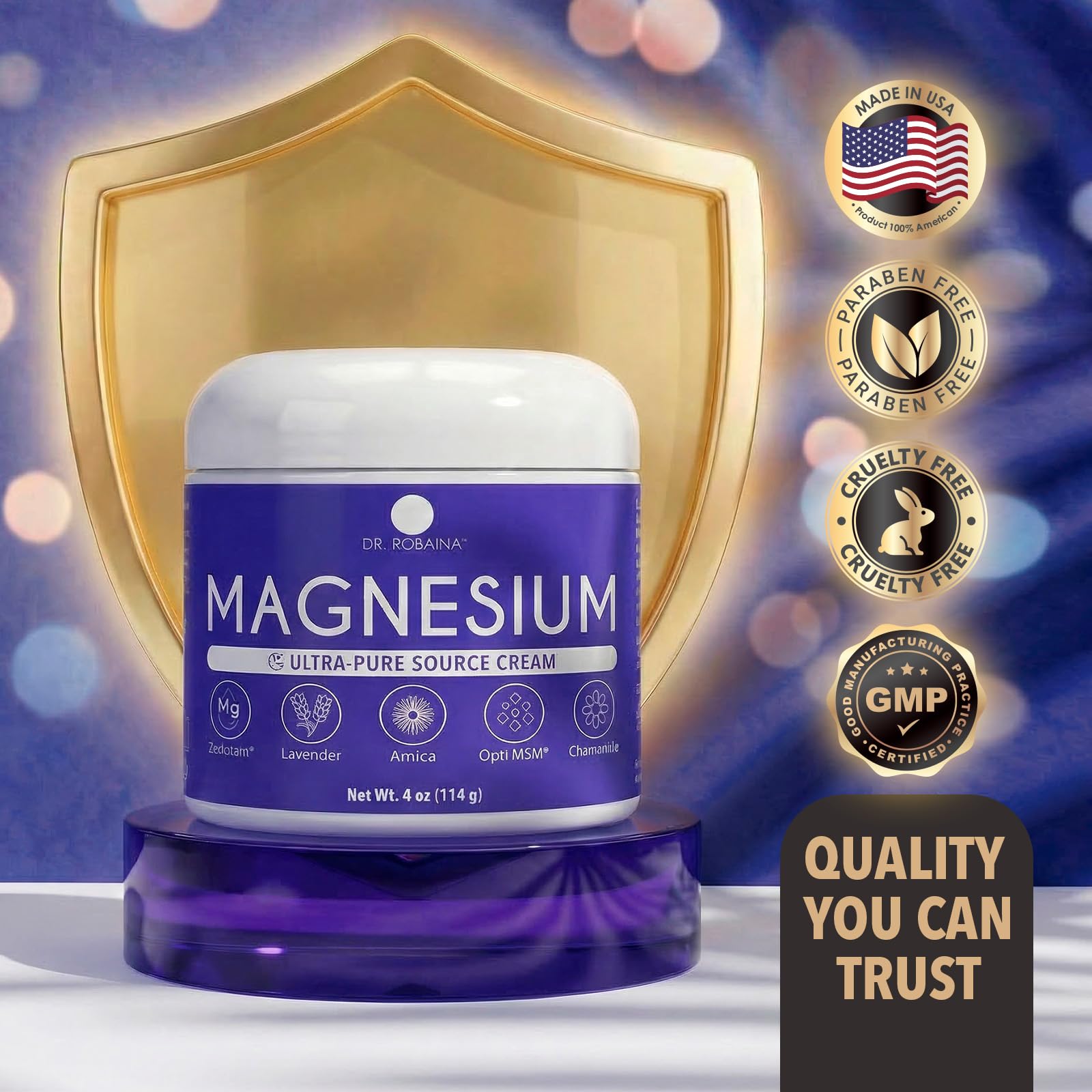 Dr. Robaina Lavender Magnesium Cream in 4 oz container, featuring Zechstein magnesium, OptiMSM, and lavender oil for muscle relaxation.
