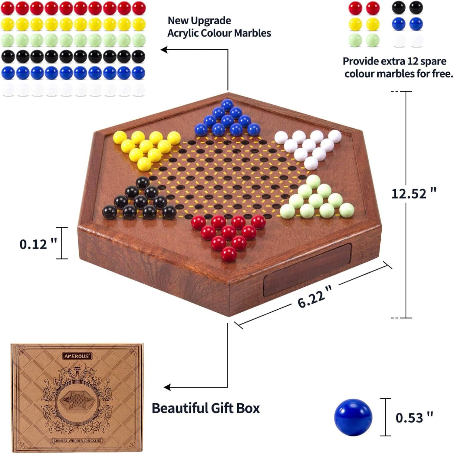 AMEROUS 12.5-inch wooden Chinese Checkers set with storage drawer, featuring colorful marbles and a sturdy wooden game board.
