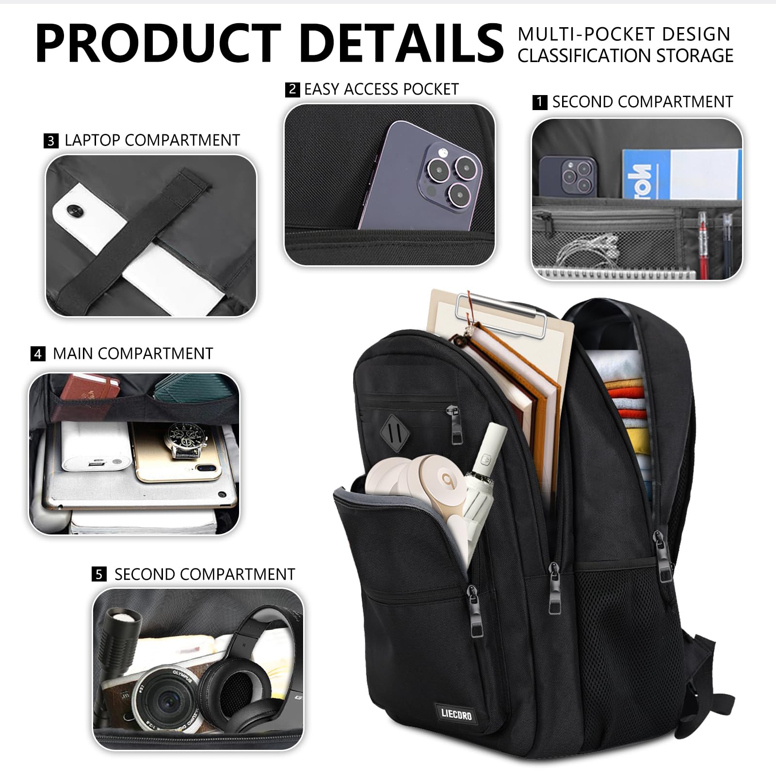 LIECDRO black backpack for men and teens with 15.6-inch laptop compartment, reinforced straps, suitable for school, work, or travel.