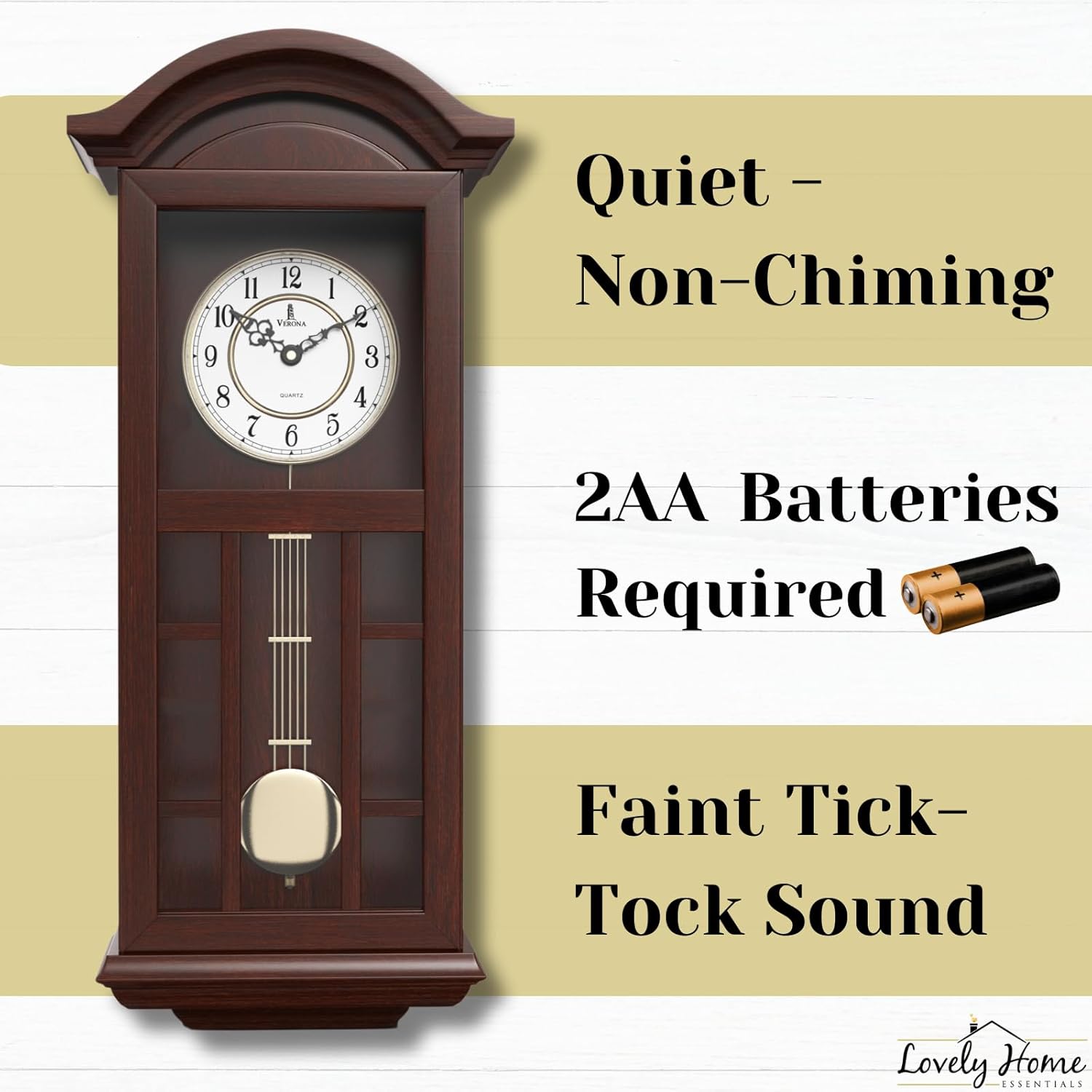 Wooden pendulum wall clock, 27-inch grandfater design with hanging mechanism by Lovely Home Essentials.