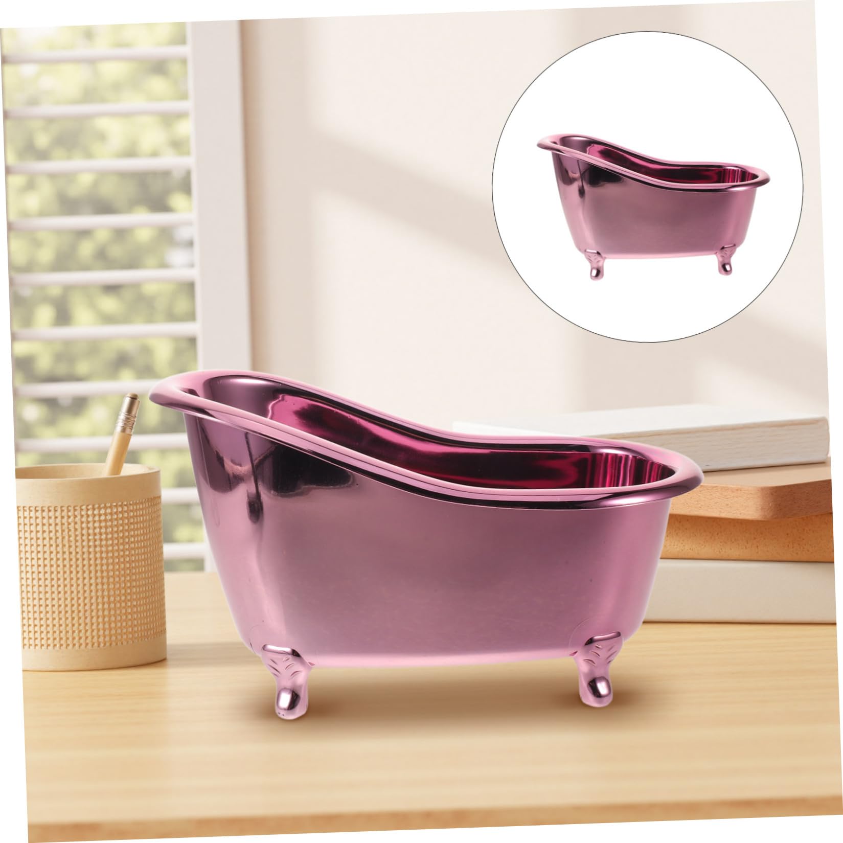 ULTECHNOVO Mini Bathtub Cosmetic Storage Organizer Box, Metal Purple 25x13x15cm, Desktop Makeup Display Stand for Skincare and Nail Polish, Bathroom Counter Sundry Storage Holder