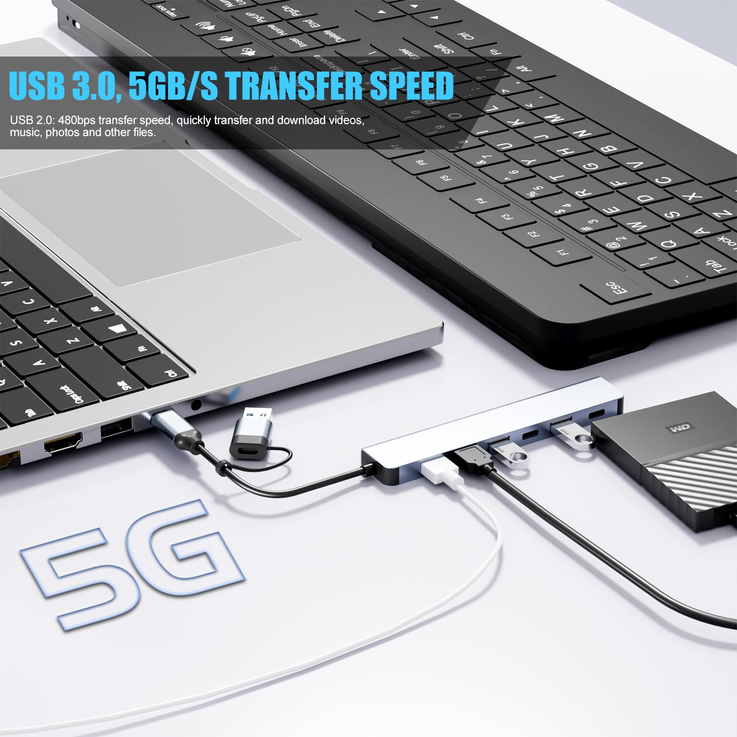 PANPEO 7-in-1 USB C hub with USB 3.0 ports for MacBook and PC, featuring multiple connectivity options in a sleek design.