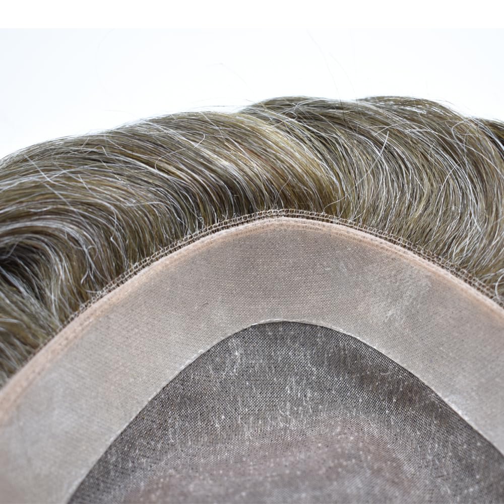 Curve Hair Mens Toupee Human Hair Piece Replacement System Monofilament Wig Hair Unit for Men Durable Poly Coated Mens Hairpiece (#640 Light Brown+40% Gray, 7"X9")