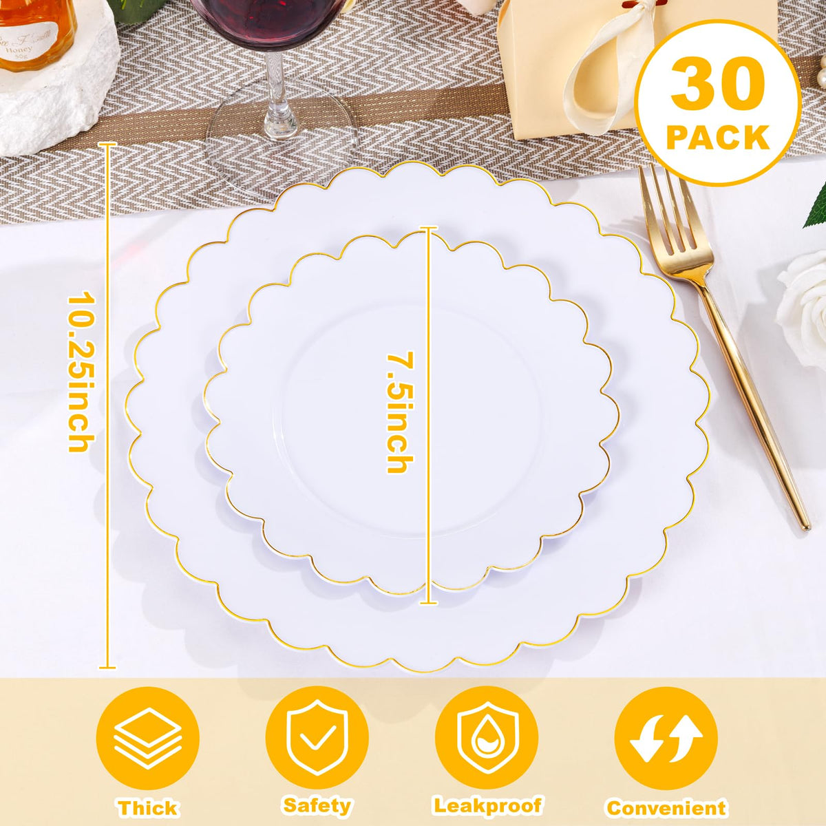 LIYH 60 Pcs White Plastic Plates with Gold Rim Scalloped - LIYH Love in your heart Official Imagery - 3