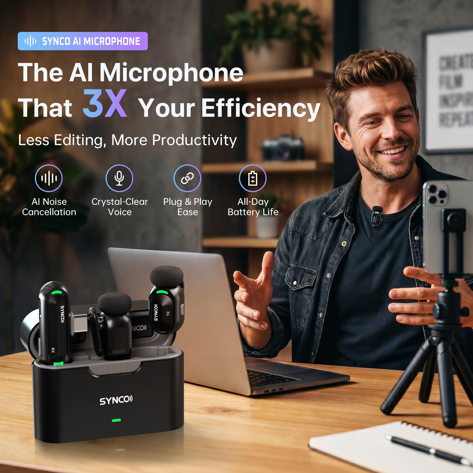SYNCO AI Mini Wireless Lavalier Microphone for Android USB-C Crea - SYNCO Official Product View 3