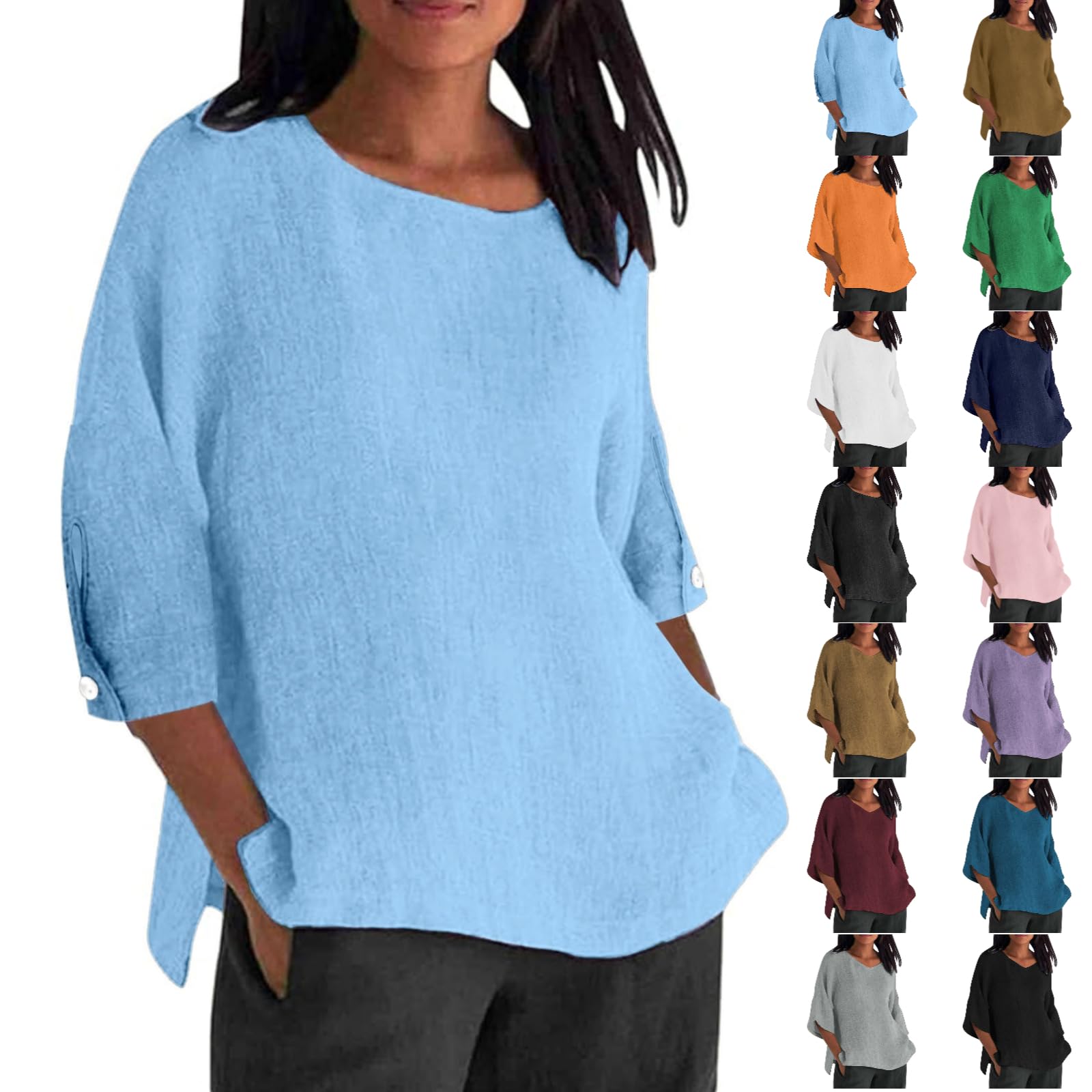 Linen Shirts for Women 2025 Summer Basic Solid Color 3/4 Sleeve Tunic - View 10