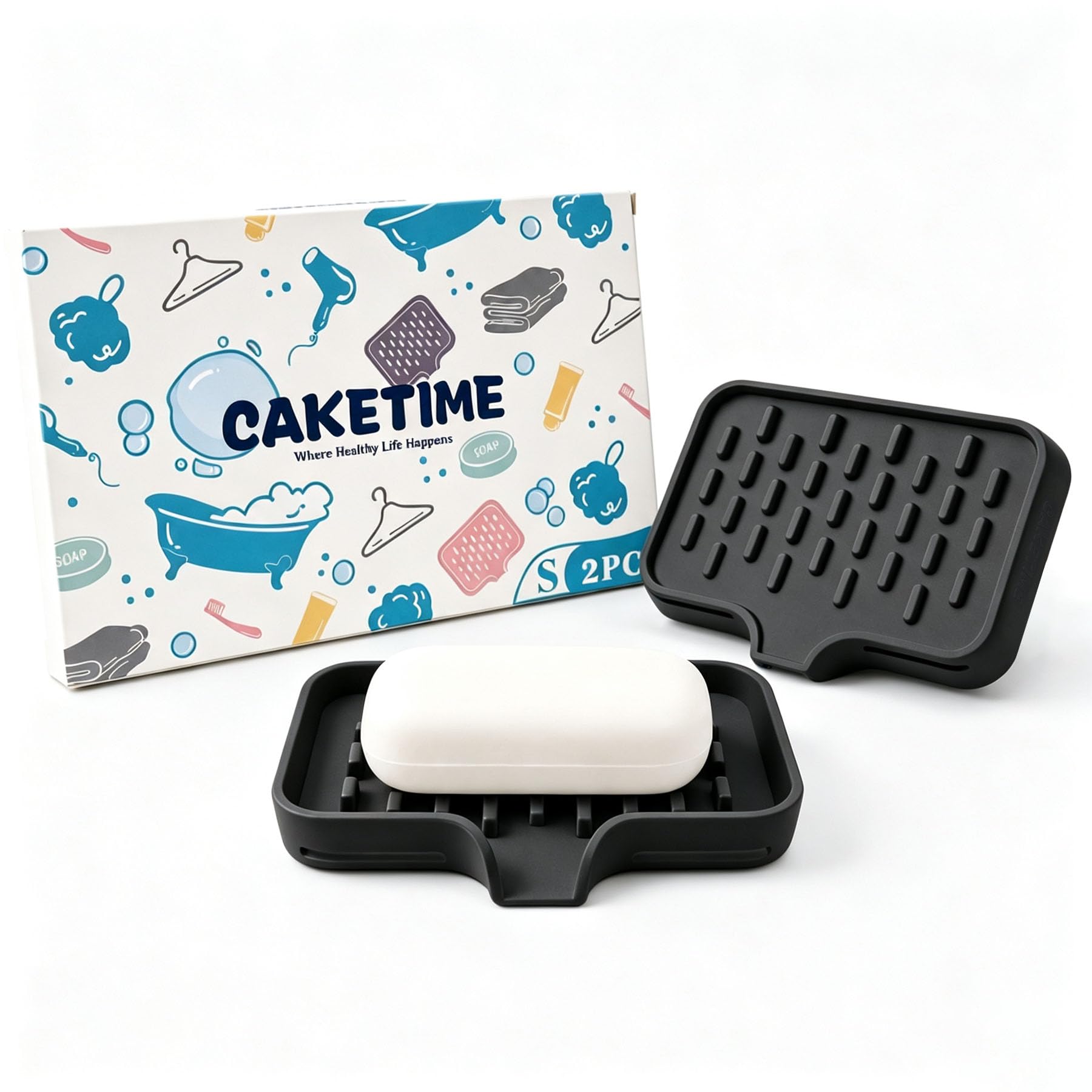CAKETIME 2 Pack Silicone Soap Dish with Drainage Holes for - Product Imagery