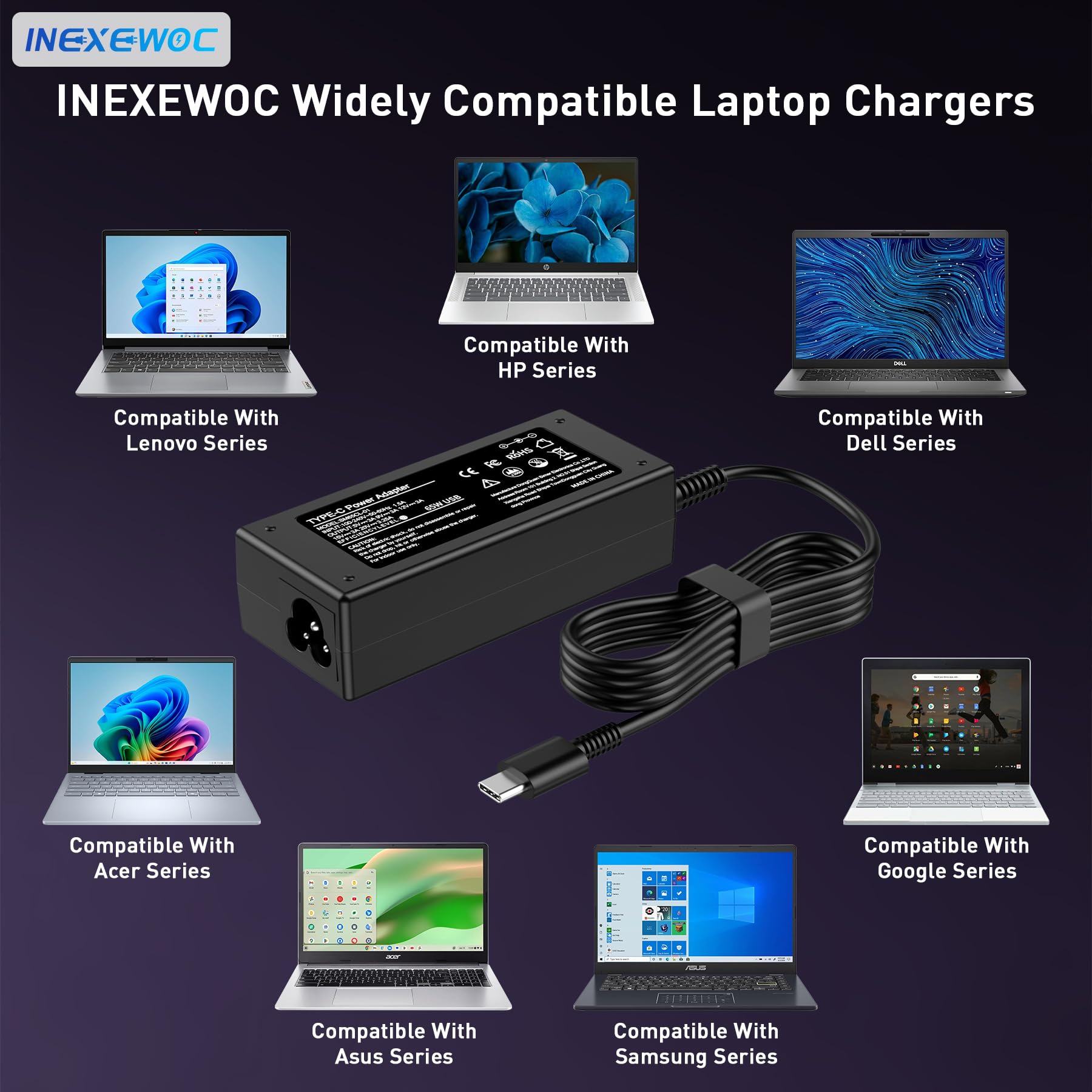 INEXEWOC 65W USB C Laptop Charger – Universal Compatibility