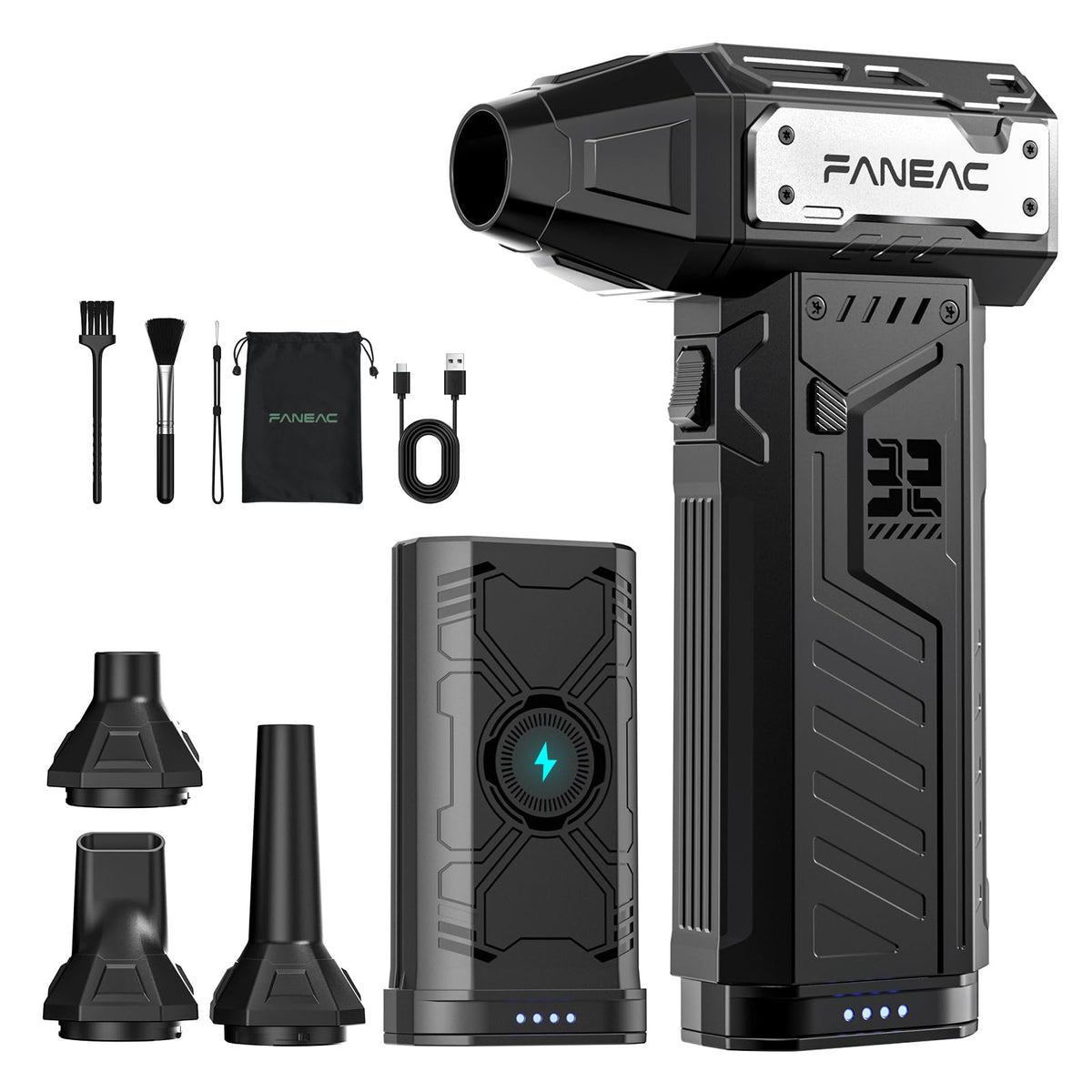 FANEAC Electric Air Duster with two swappable battery packs, handheld canned air blower for cleaning electronics and appliances.