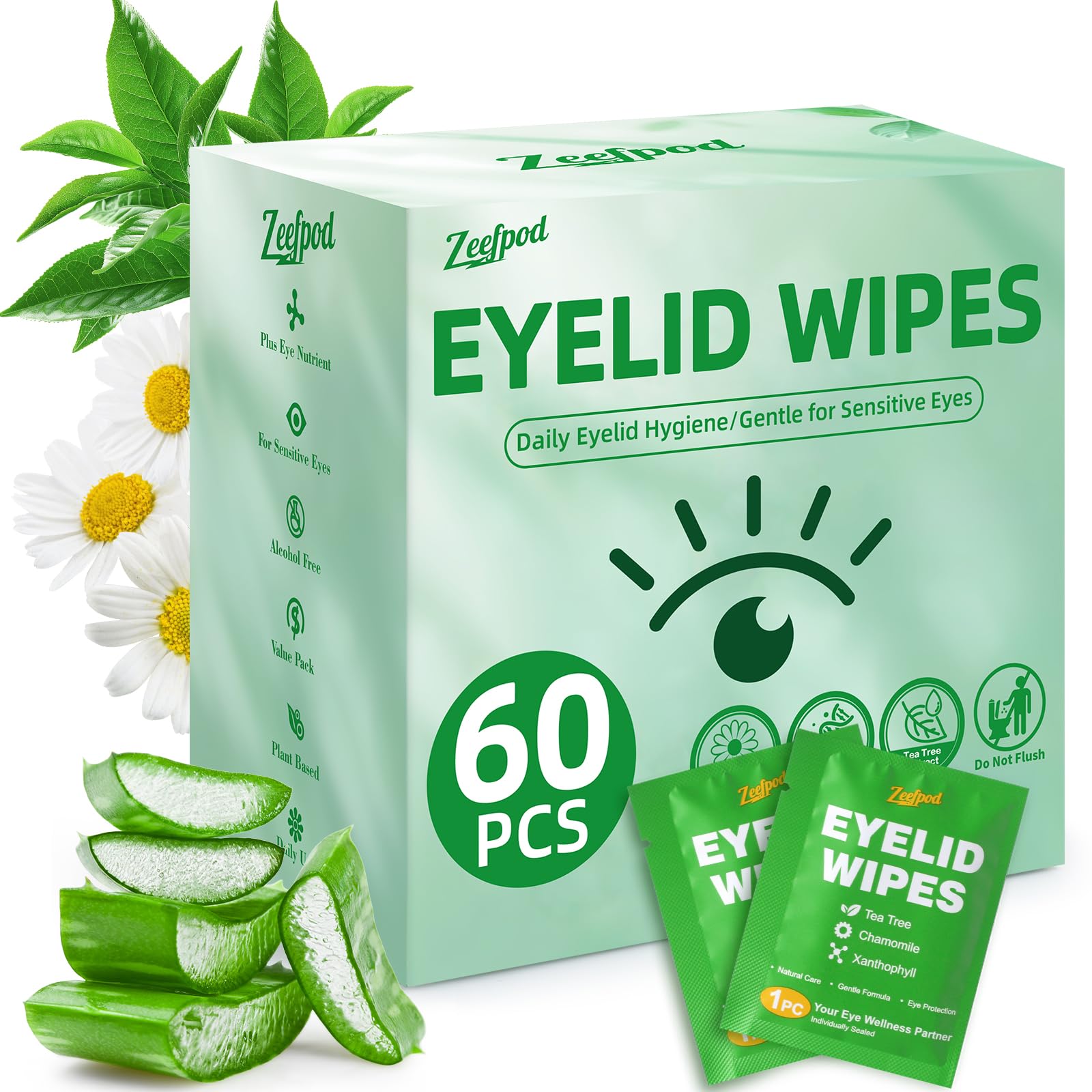 60PCS Tea Tree Oil Eyelid Wipes Individually Wrapped Eye Lid - Zeefpod Official Product Imagery - 2