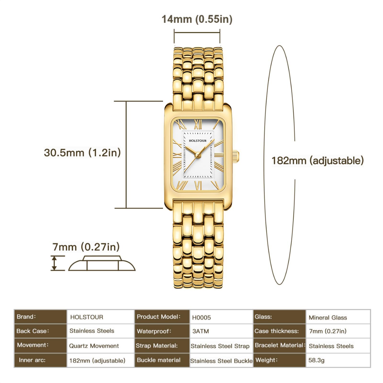 HOLSTOUR Women's Vintage Gold Rectangular Watch Roman Dial