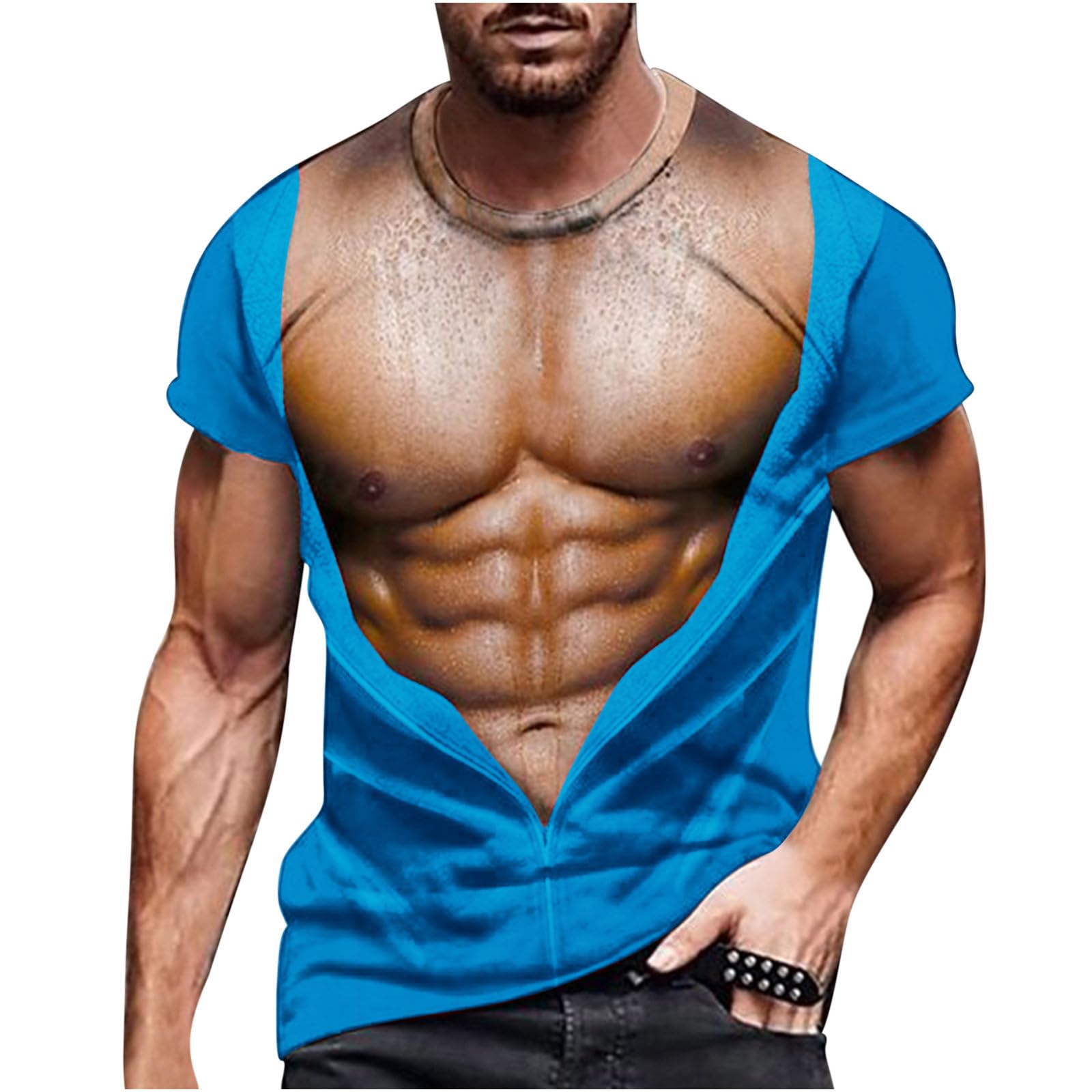 Hairy Chest Shirt for Men Funny T Shirts 3D Print Fake Abs T Shirts Me - View 6