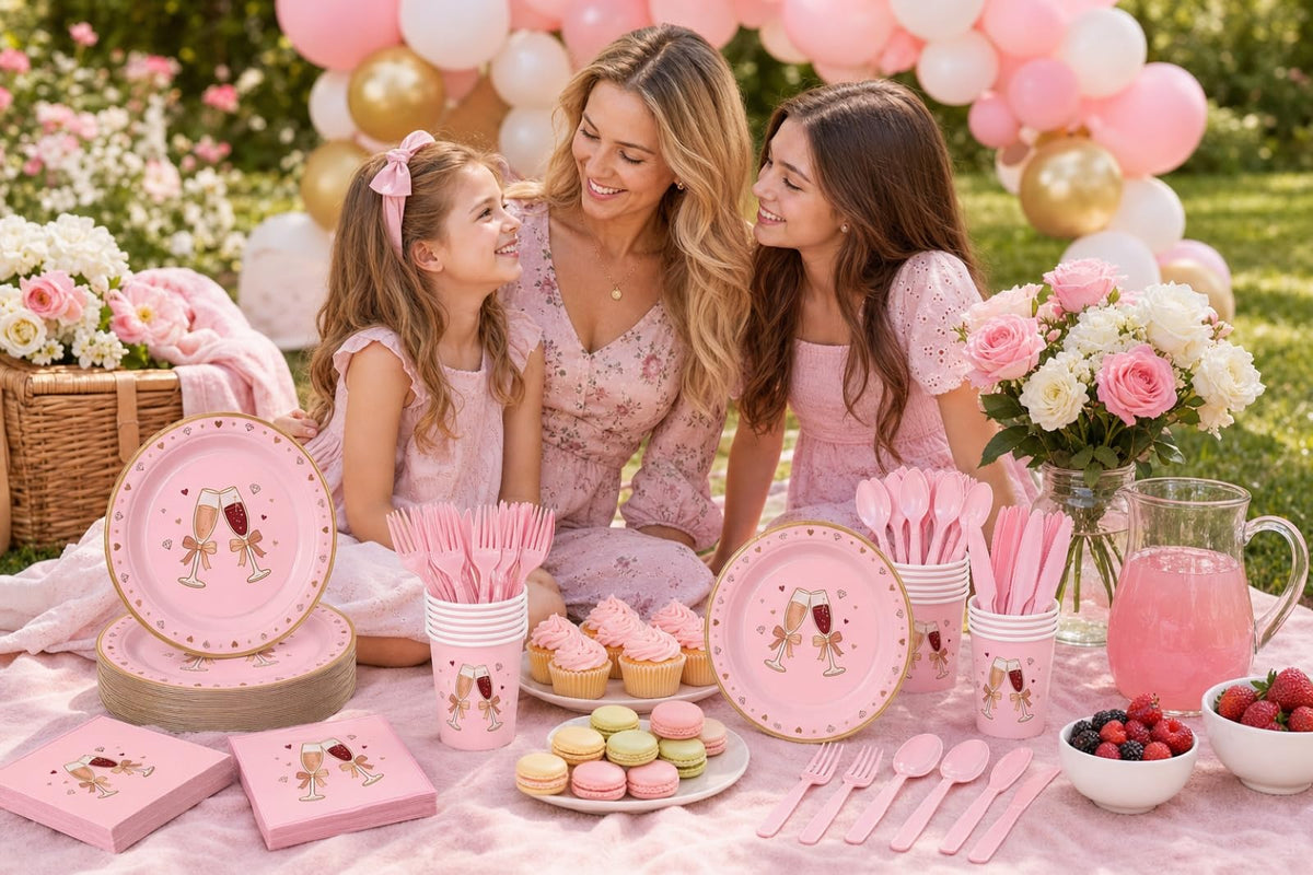 168 Pcs Pink Bow Champagne Heart Tableware Set Serves 24 - LEONGSII Official Imagery - 6