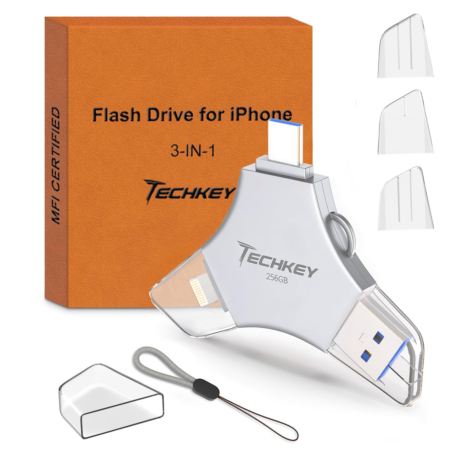 Techkey USB Flash Drive for iPhone/iPad, MFi Certified 3in1, 256G by Techkey - Angle View 1