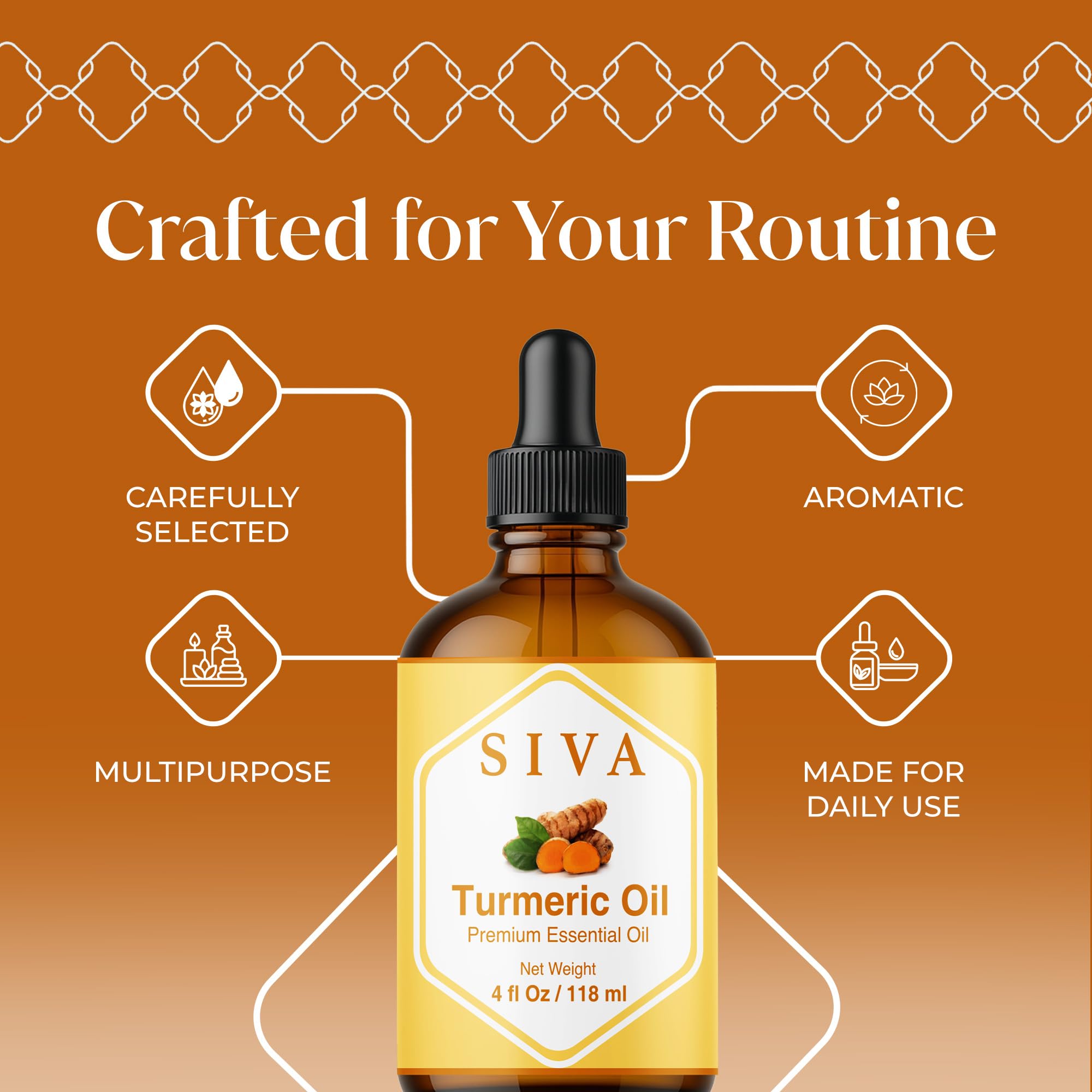 SIVA Organics turmeric essential oil in a 4oz glass bottle with dropper, vibrant yellow oil visible inside