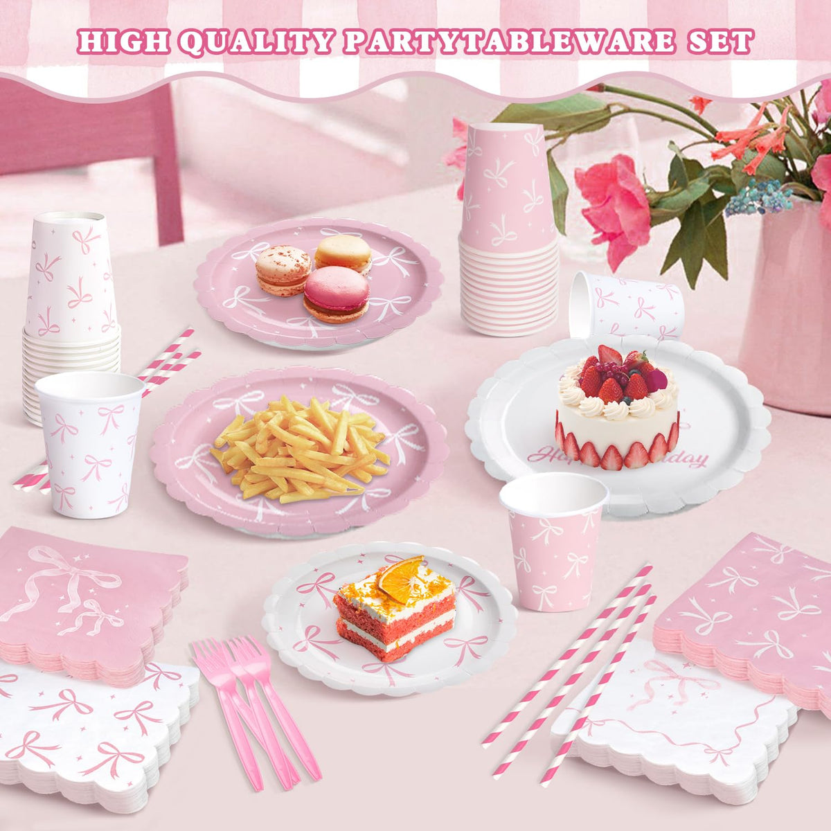 300 Pcs Pink Bow Plates Cups Napkins and Tableware Sets for - Kinovo Official Imagery - 3