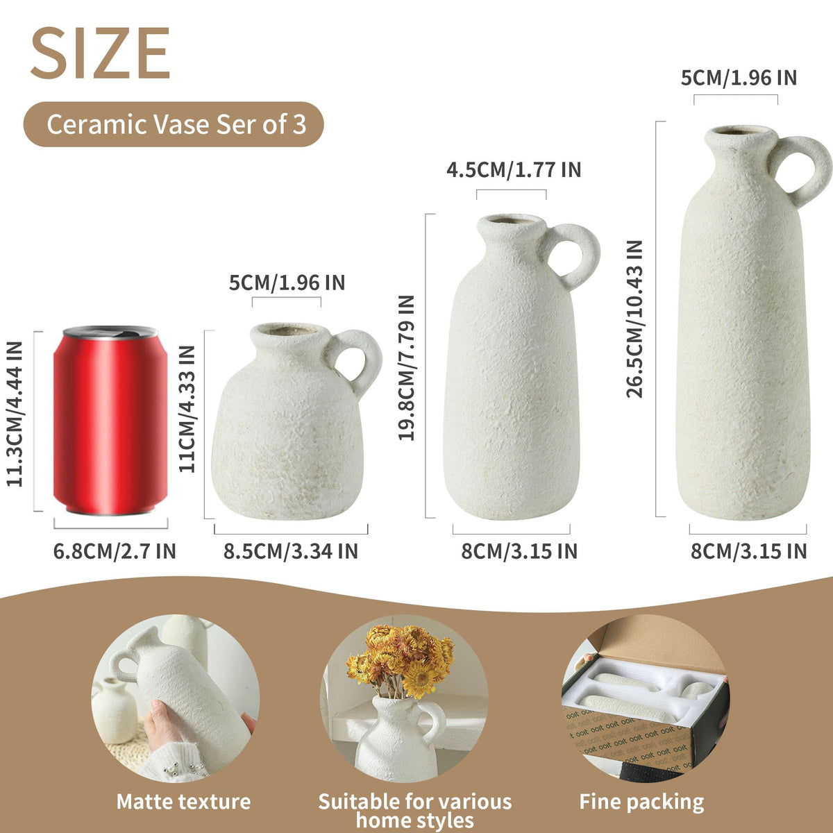 Ceramic Vase Set of 3 with Handle Neutral Rustic Vases Home - ooit Official Imagery - 3