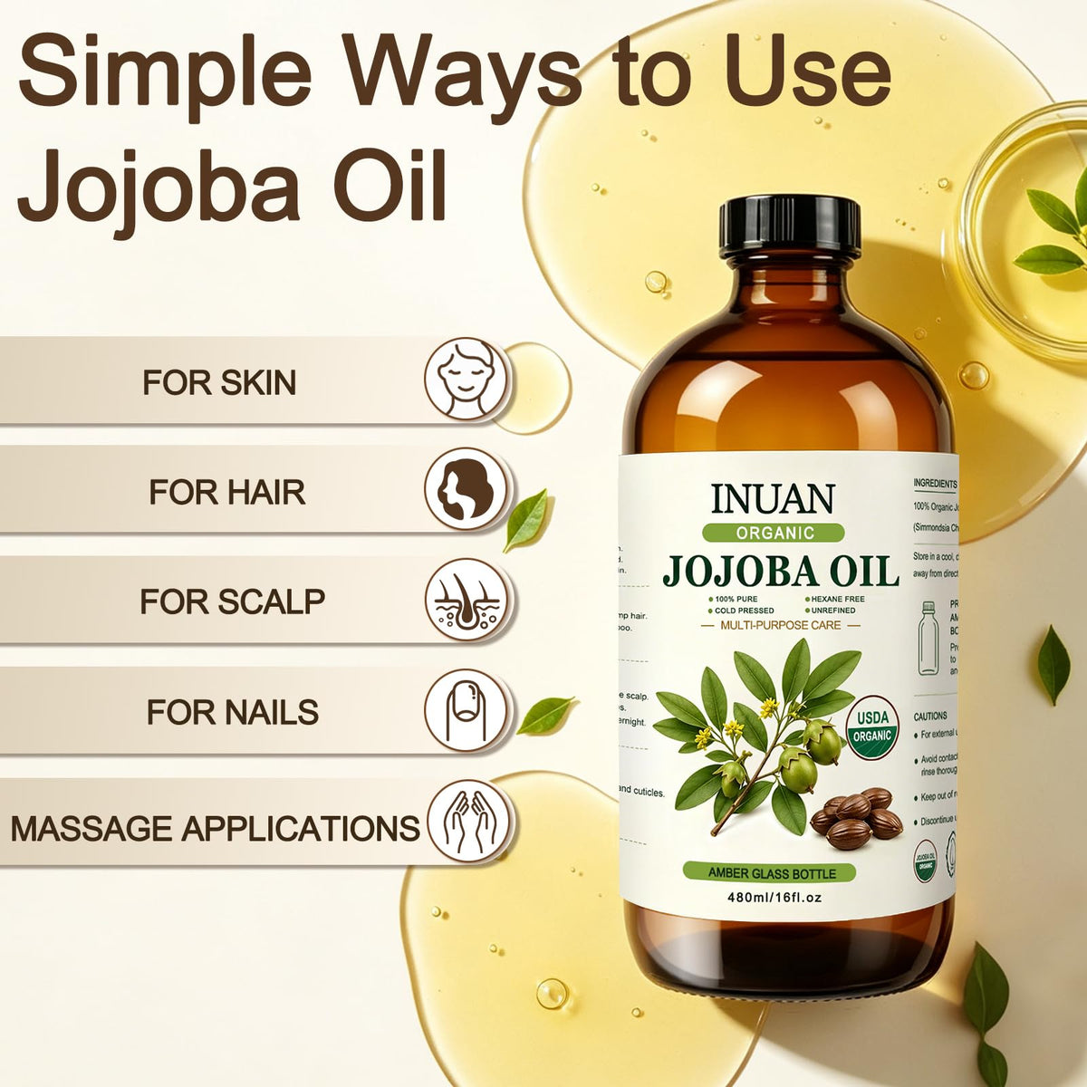 Organic Jojoba Oil USDA Certified Cold Pressed for Skin Hair - INUAN Official Imagery - 6